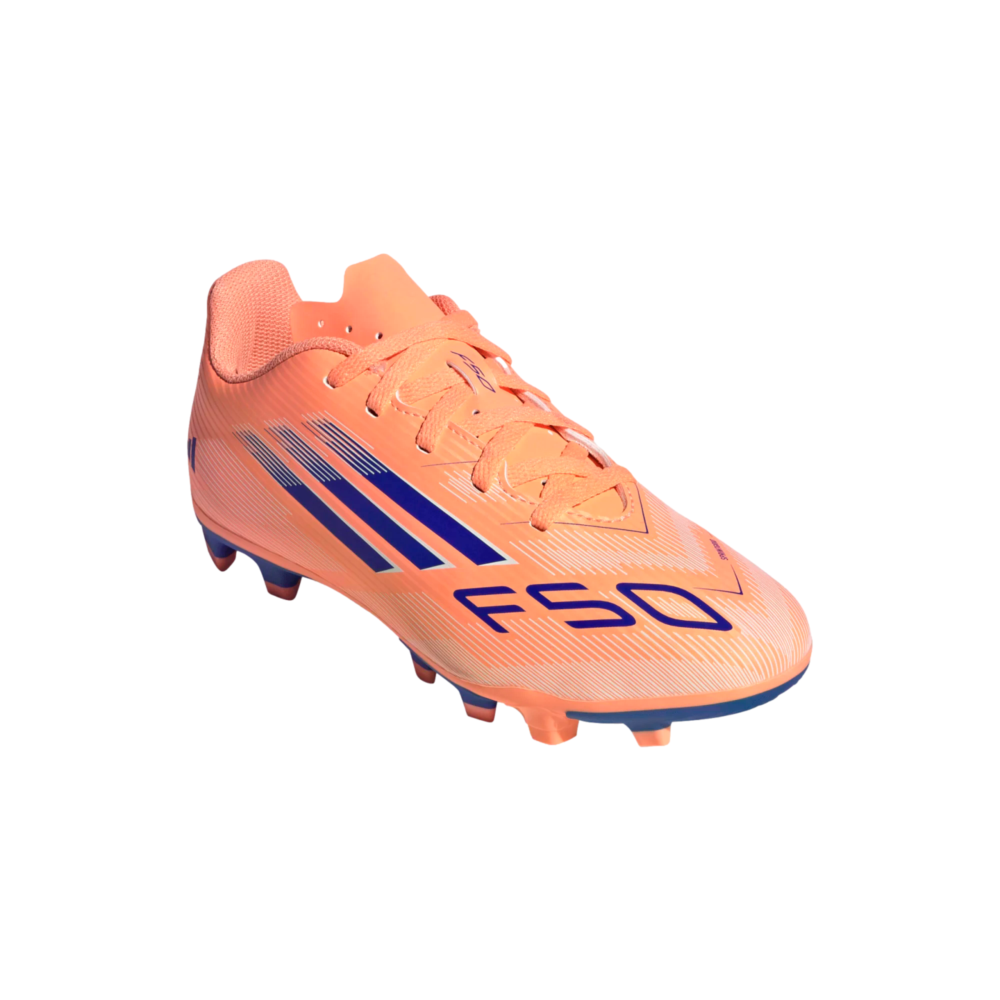 A bright orange Adidas F50 soccer cleat with blue stripes and "F50" text on the side, shown against a solid black background.
