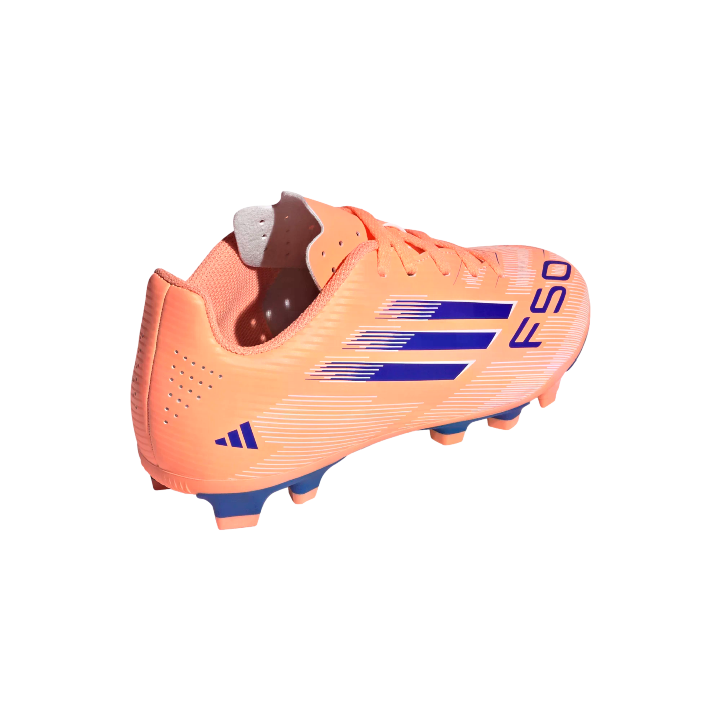 Orange Adidas F50 soccer cleat with purple stripes and blue studs, shown from a rear side angle on a black background.