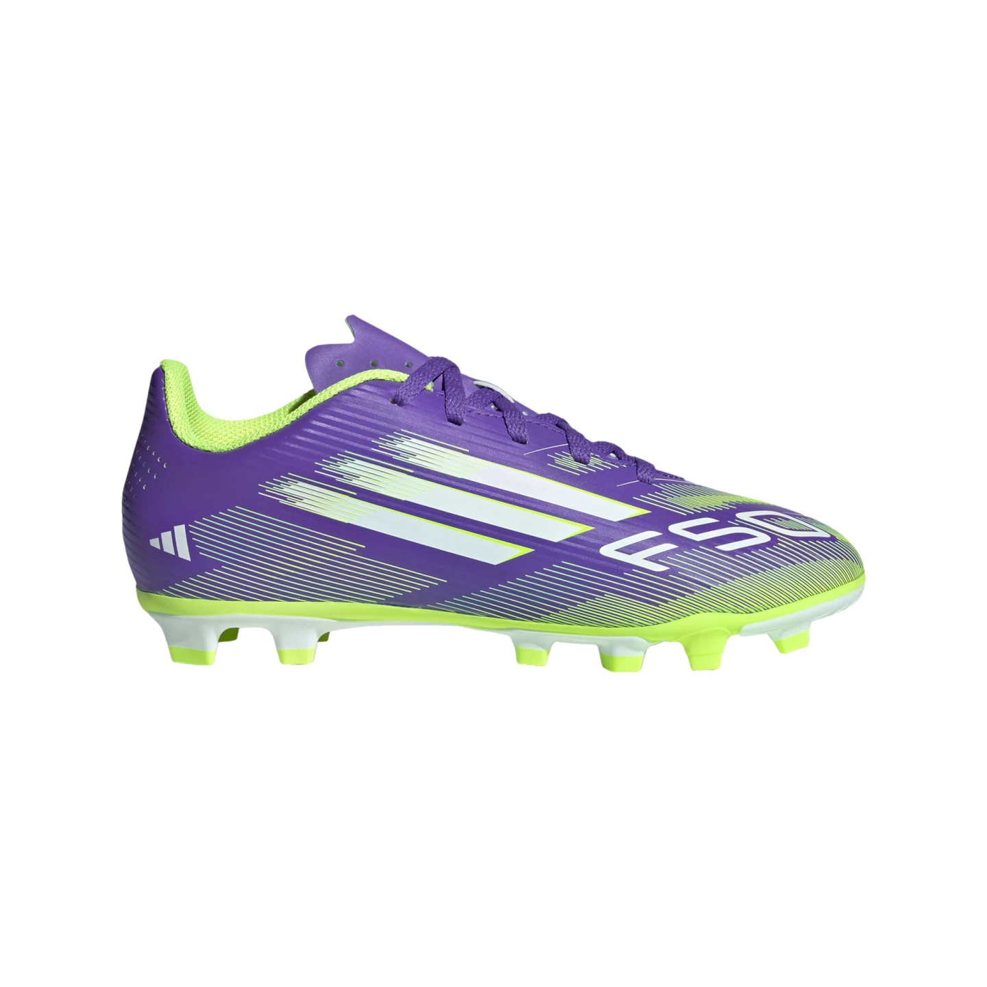Purple and lime green Adidas F50 soccer cleat with white stripes on a black background.