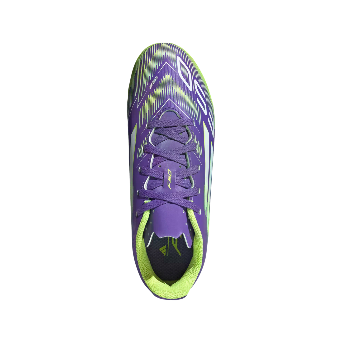 Top-down view of a purple and lime green Adidas F50 soccer cleat featuring white graphic details and a lime green interior against a black background.