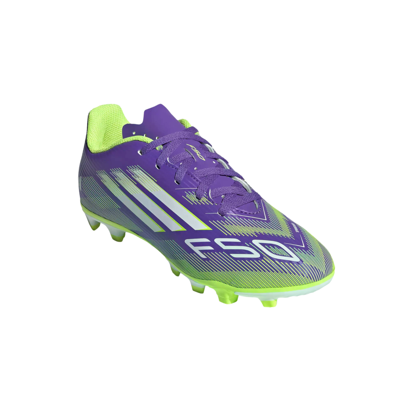 Purple and neon green Adidas F50 soccer cleat with white stripes and branding, set against a black background.