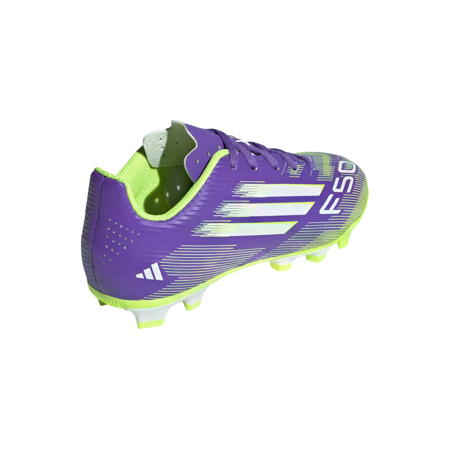 A purple Adidas F50 soccer cleat with lime green accents and white stripes, shown from a rear three-quarter angle against a black background.