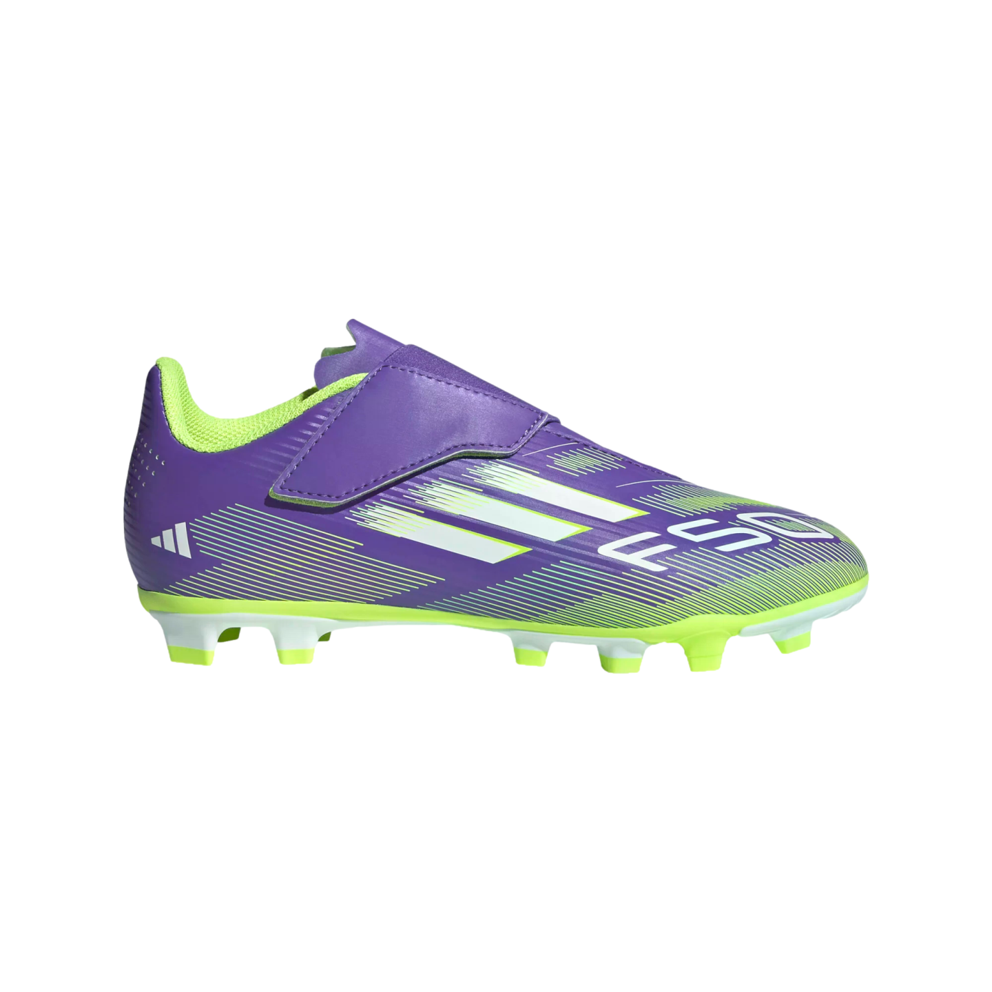 Side profile of a purple Adidas F50 soccer cleat with neon green accents, a Velcro strap, and white stripes, displayed against a black background.