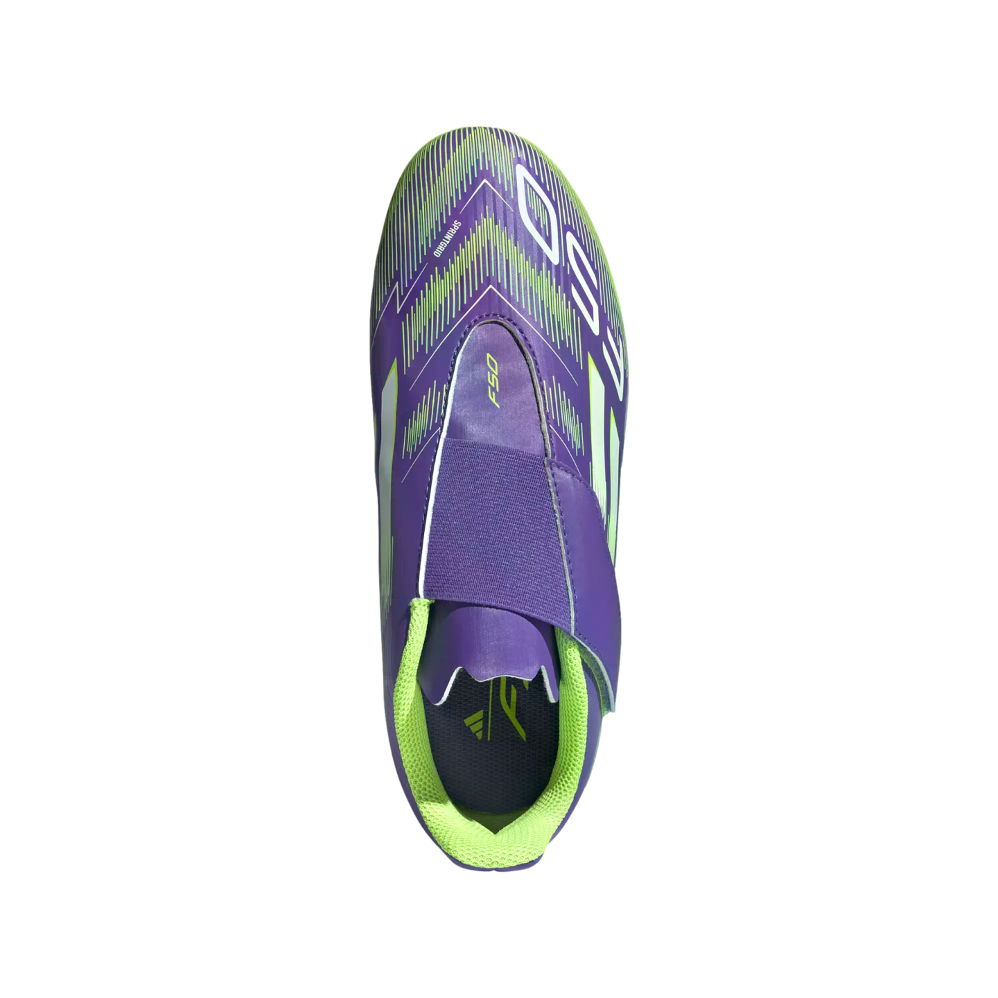 Top-down view of a purple and lime green adidas F50 soccer cleat with a laceless strap and patterned upper, shown against a solid black background.