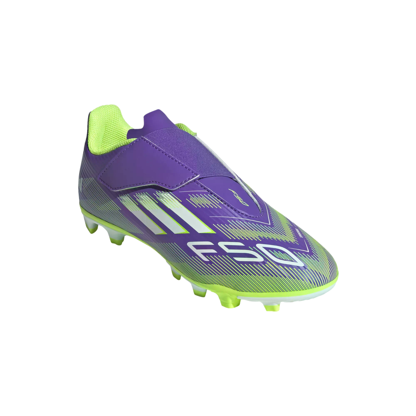 A purple and neon yellow Adidas F50 soccer cleat with a laceless strap design and white stripes, shown against a solid black background.