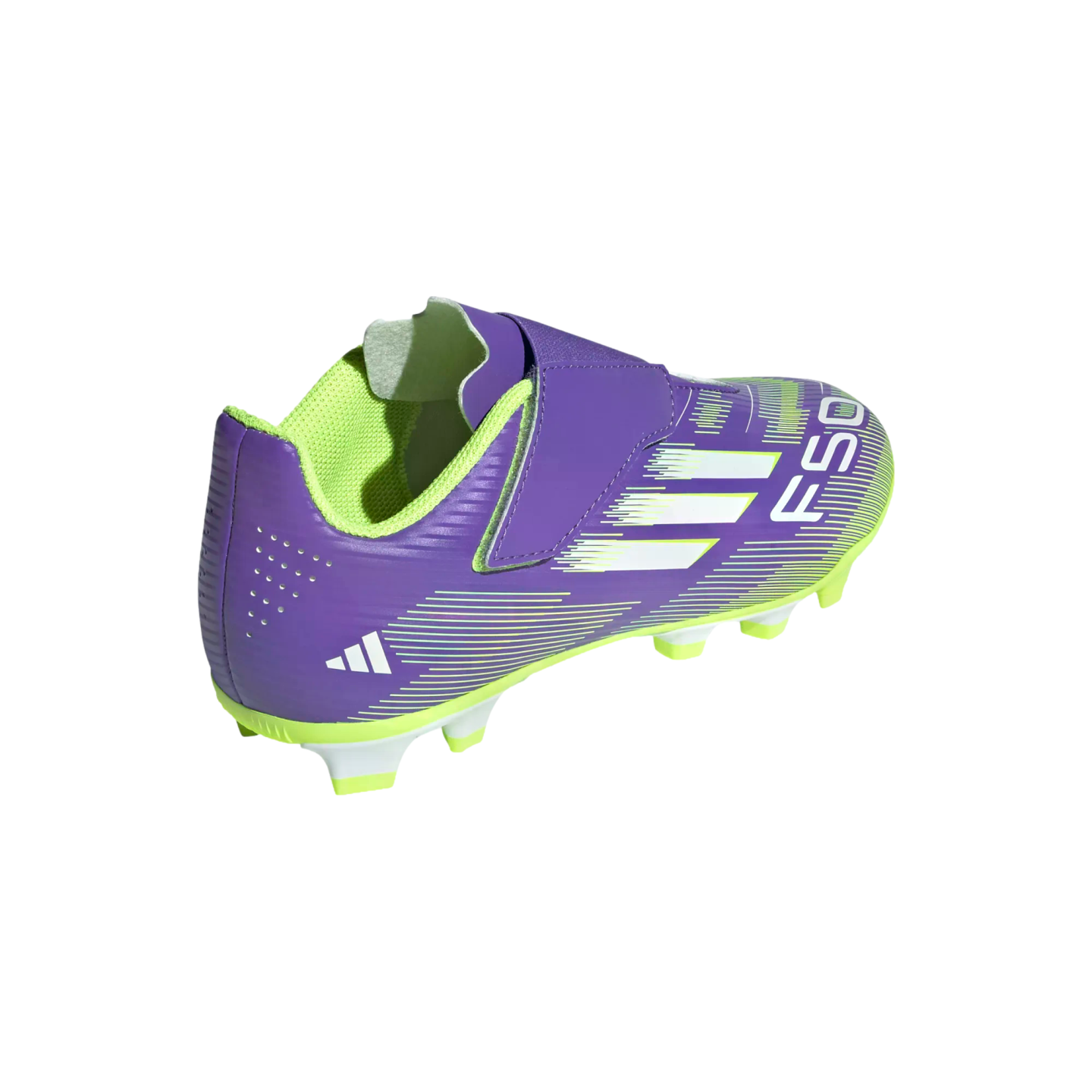 Purple and lime green Adidas F50 youth soccer cleat with a hook-and-loop strap and white branding, shown from a rear-side angle.