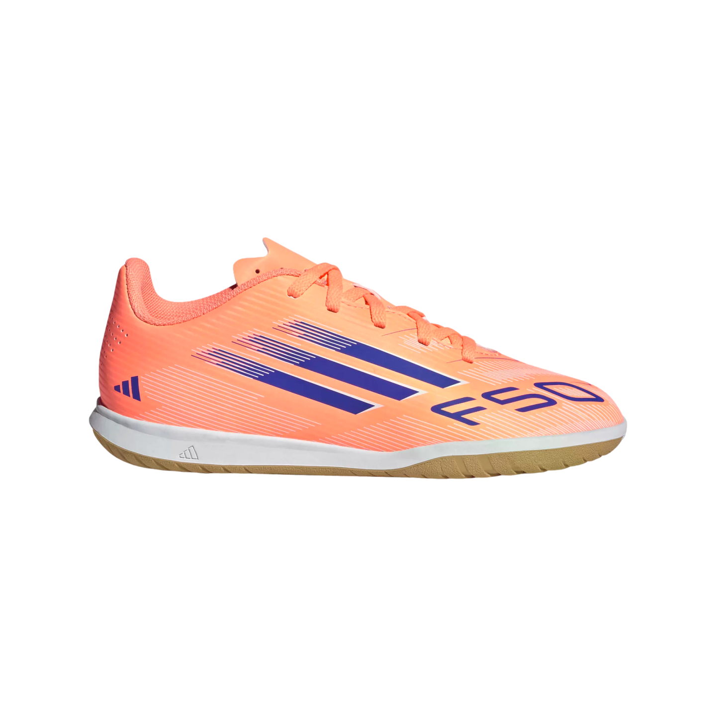 Bright orange Adidas F50 indoor soccer shoe with purple stripes and a gum rubber outsole.