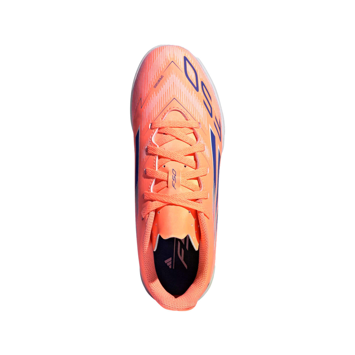 Top-down view of a vibrant orange Adidas F50 soccer cleat on a black background. It features orange laces and dark blue branding, including a large "F50" logo on the side.