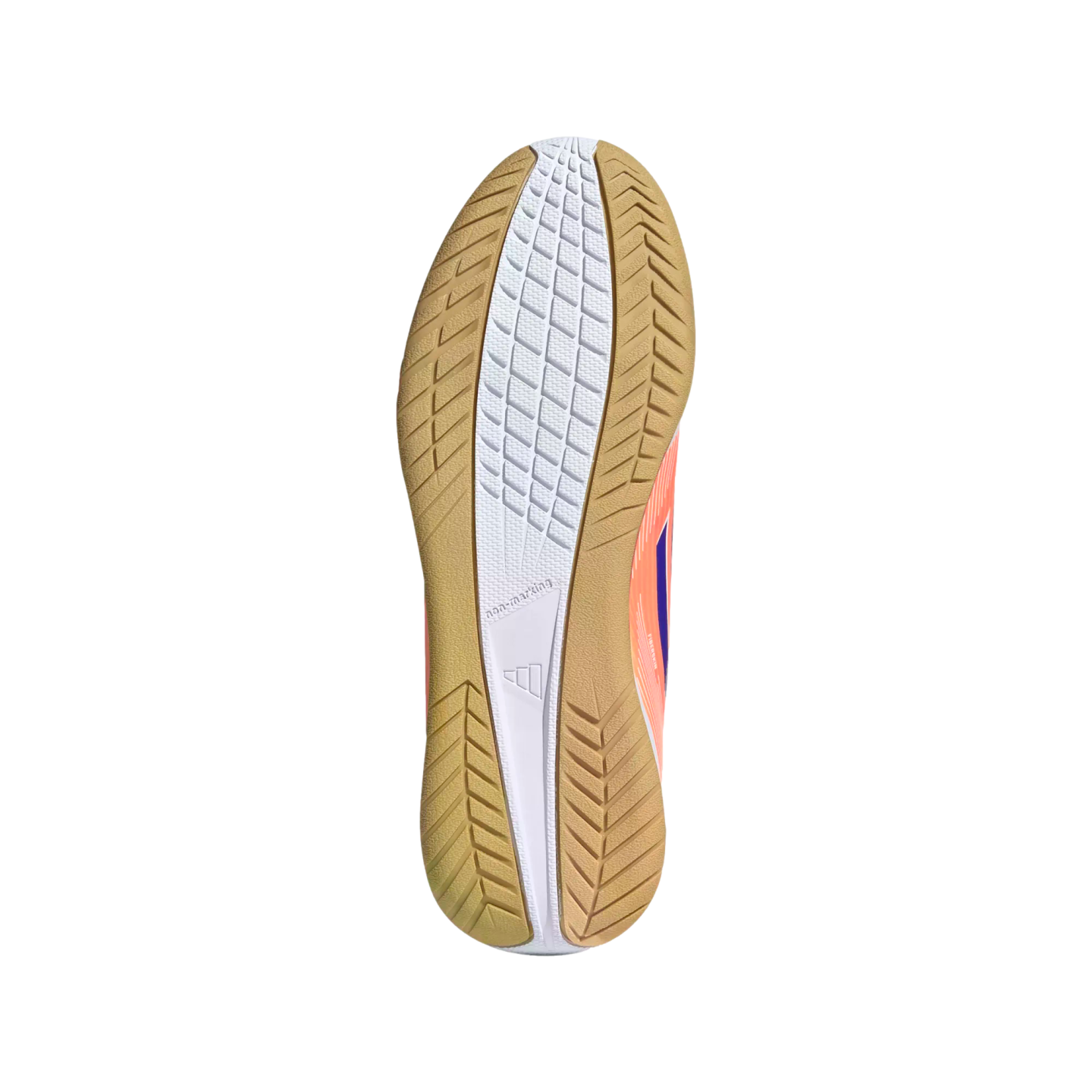 Bottom view of an Adidas indoor sports shoe showing its tan gum rubber and white non-marking outsole.