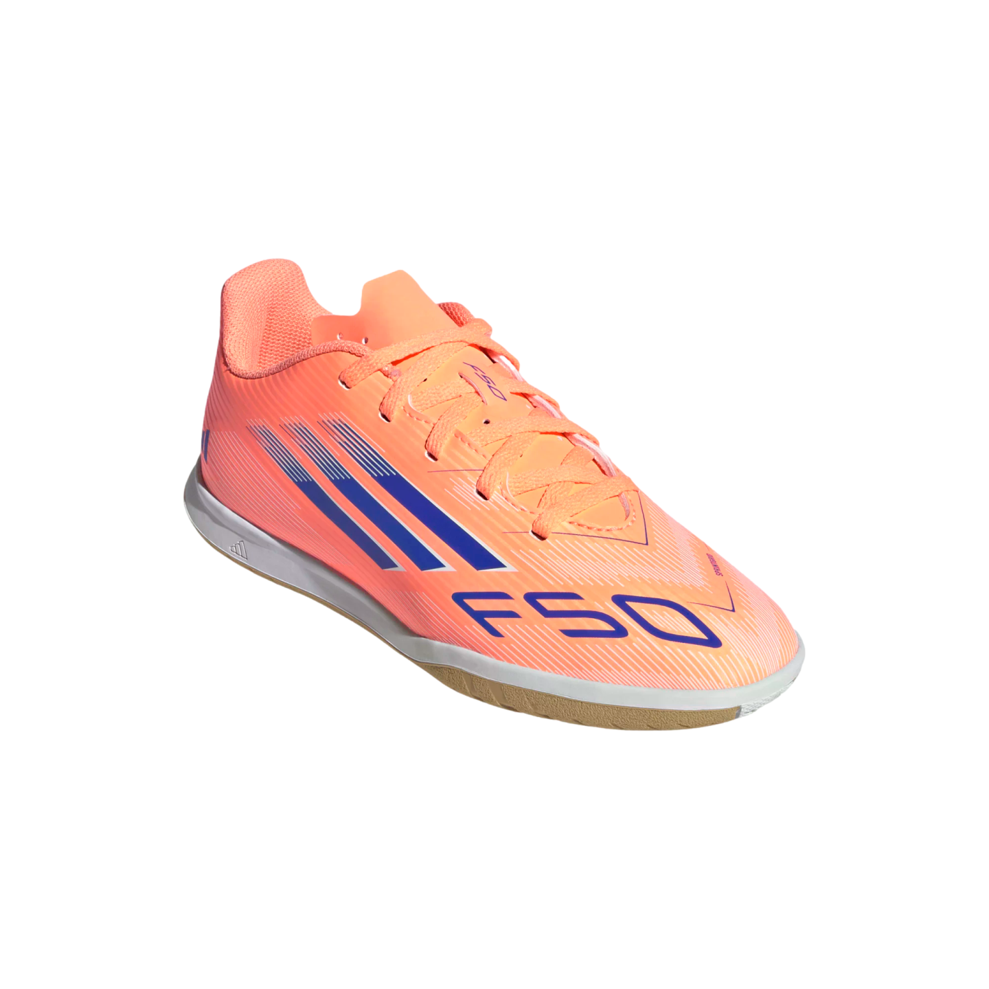 A peach-colored Adidas F50 indoor soccer shoe with blue diagonal stripes and branding, pictured at a three-quarter angle against a black background.