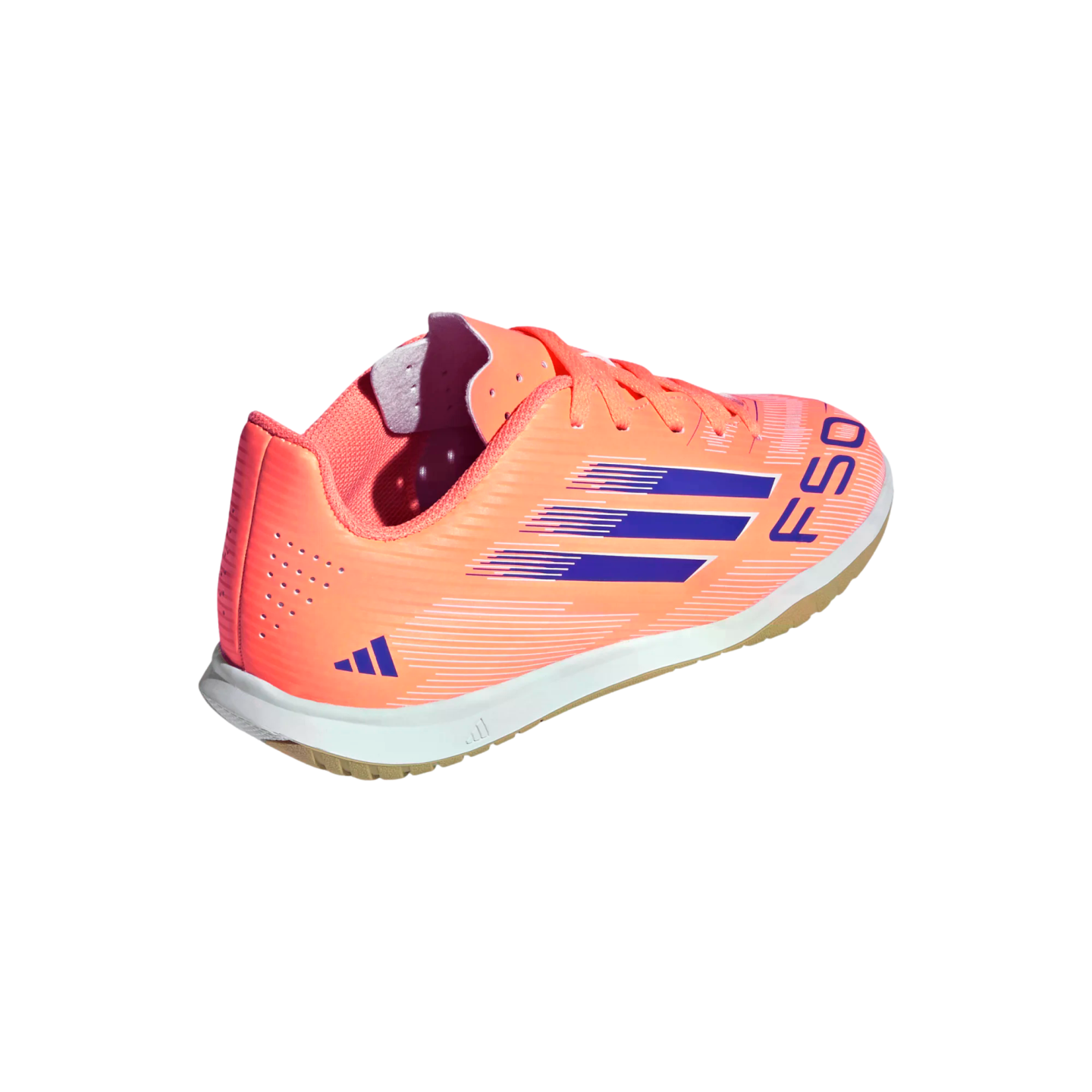 Bright orange Adidas indoor soccer shoe with purple stripes and "F50" text. Rear three-quarter view showing the white midsole and gum outsole.