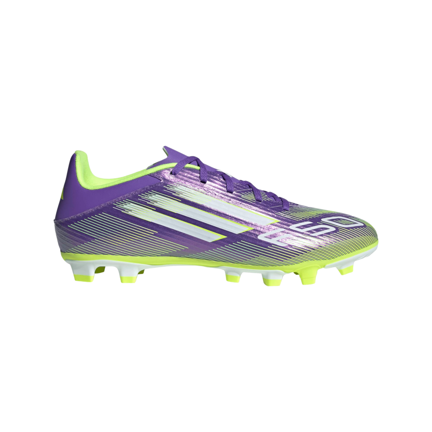 Side profile of a purple Adidas soccer cleat with white stripes, lime green accents, and a metallic finish on a black background.