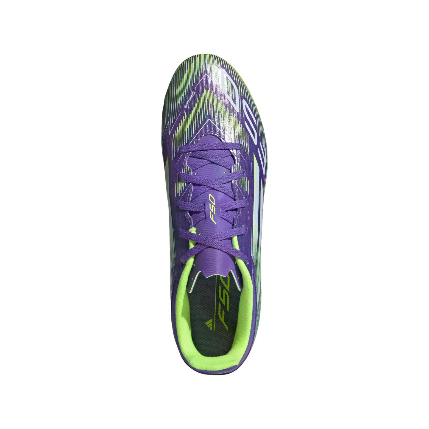 Top-down view of a purple Adidas F50 soccer cleat with neon green accents on a black background.