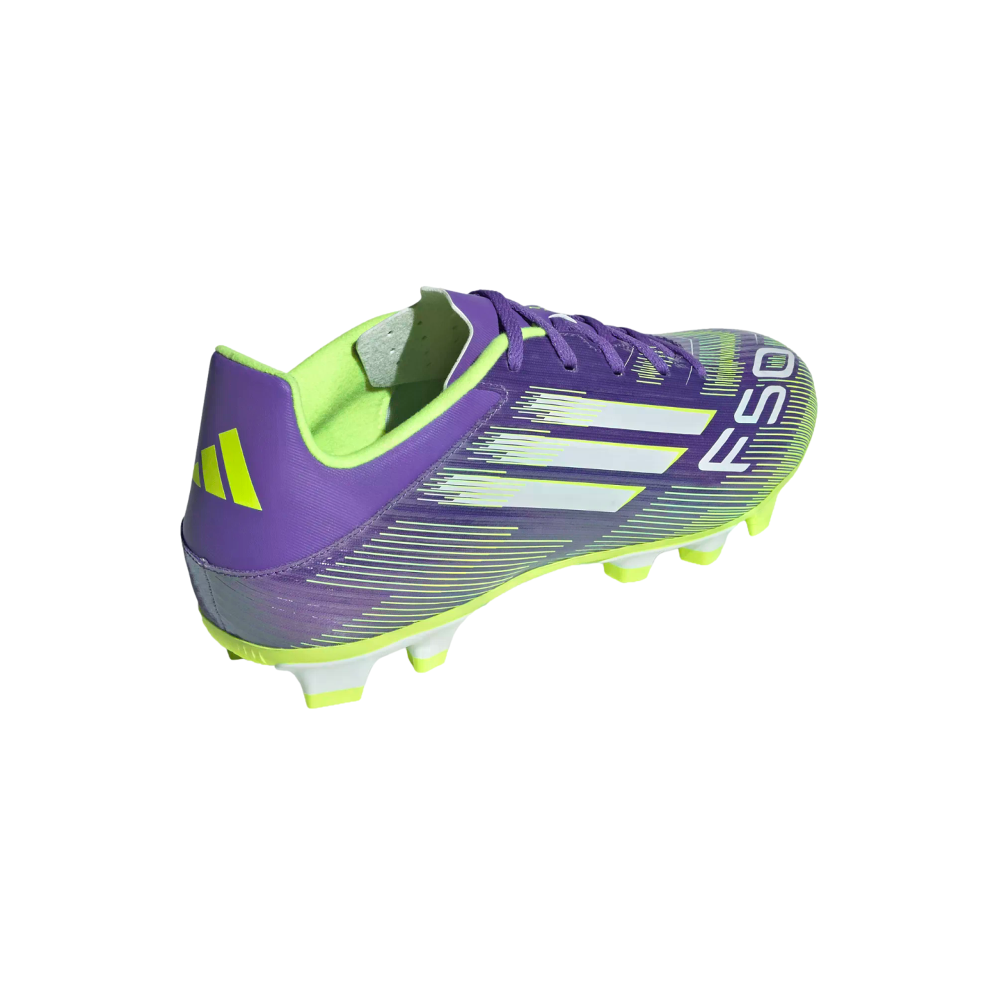 A purple and lime green Adidas F50 soccer cleat with white stripes, shown from a rear three-quarter view against a black background.