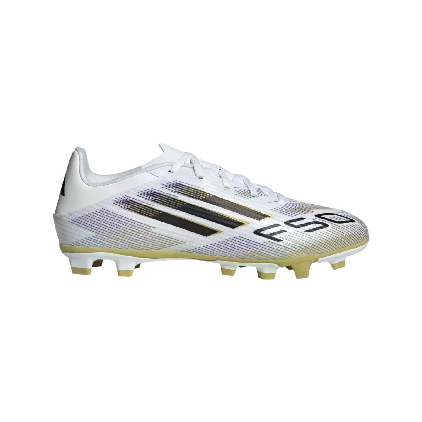 Profile view of a white Adidas F50 soccer cleat featuring black and gold graphic stripes and a gold-toned studded soleplate.