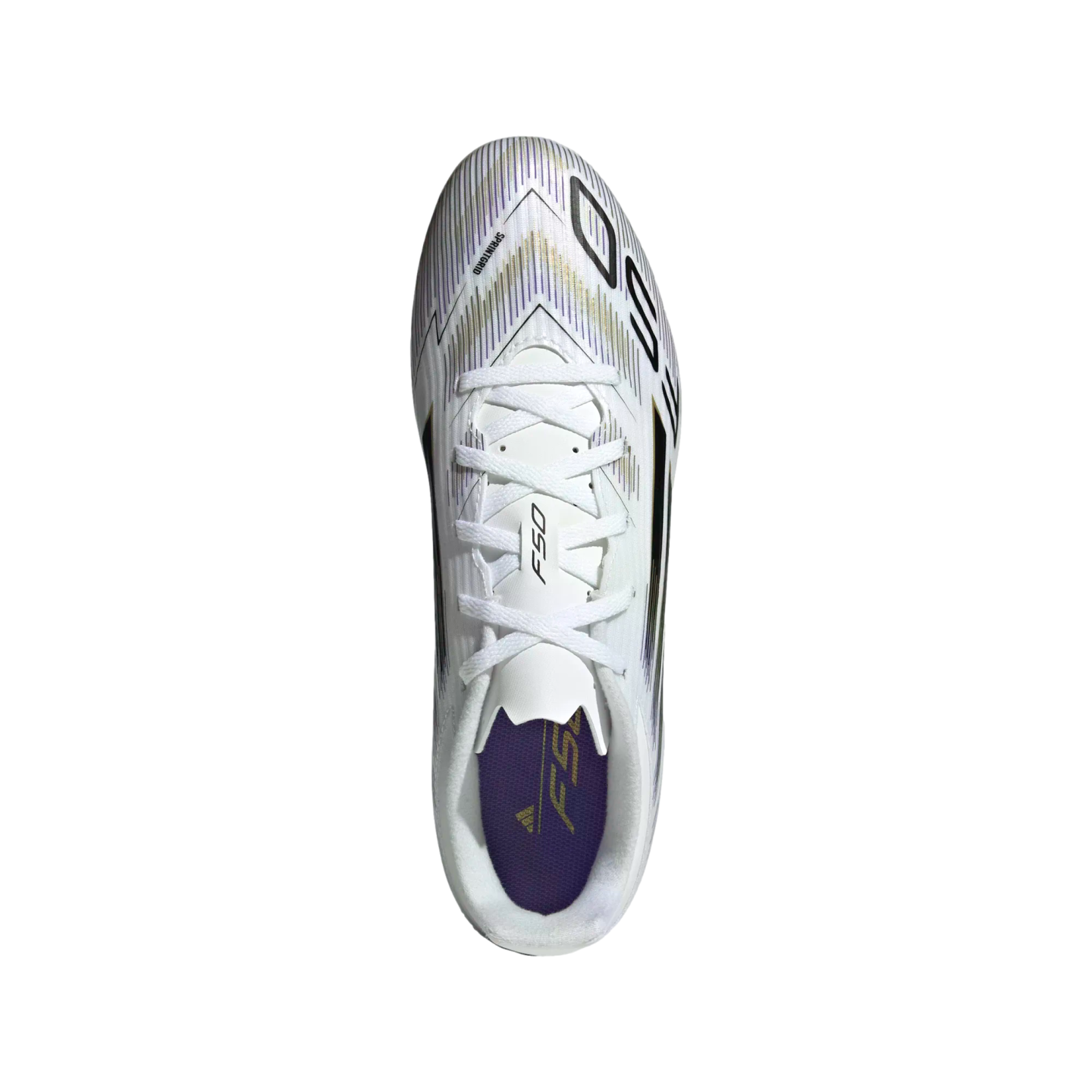 Overhead view of a white Adidas F50 soccer cleat with purple and gold linear patterns and white laces.