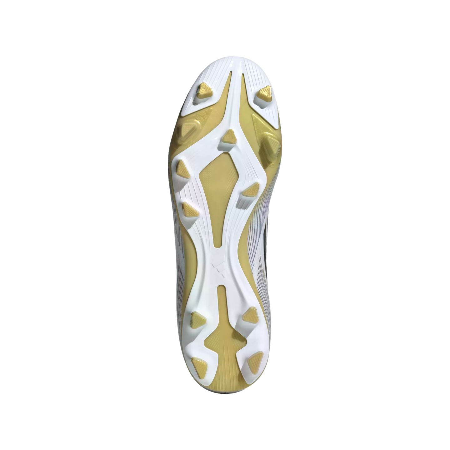 Sole of an Adidas soccer cleat showing a white and gold plate with eleven gold-colored studs.