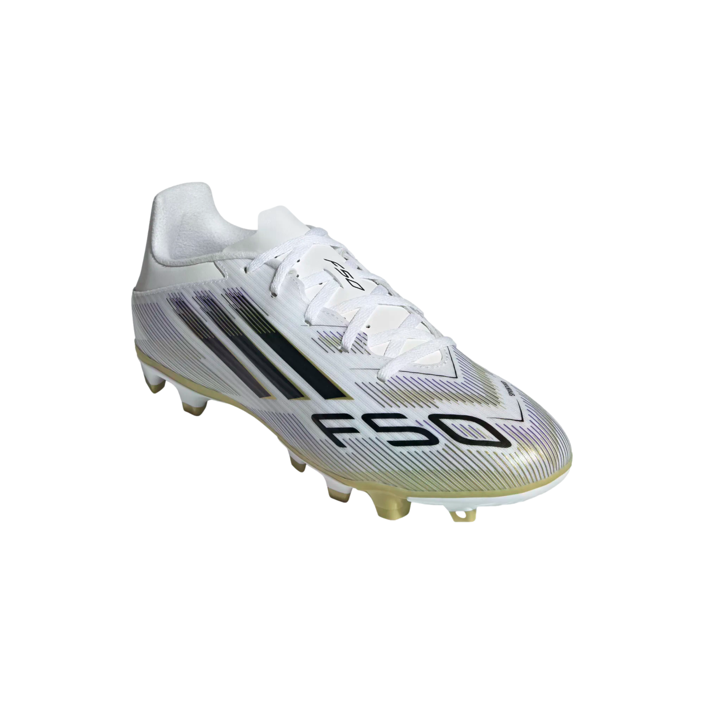 A white Adidas F50 soccer cleat featuring black and gold graphics and gold studs, shown against a plain white background.