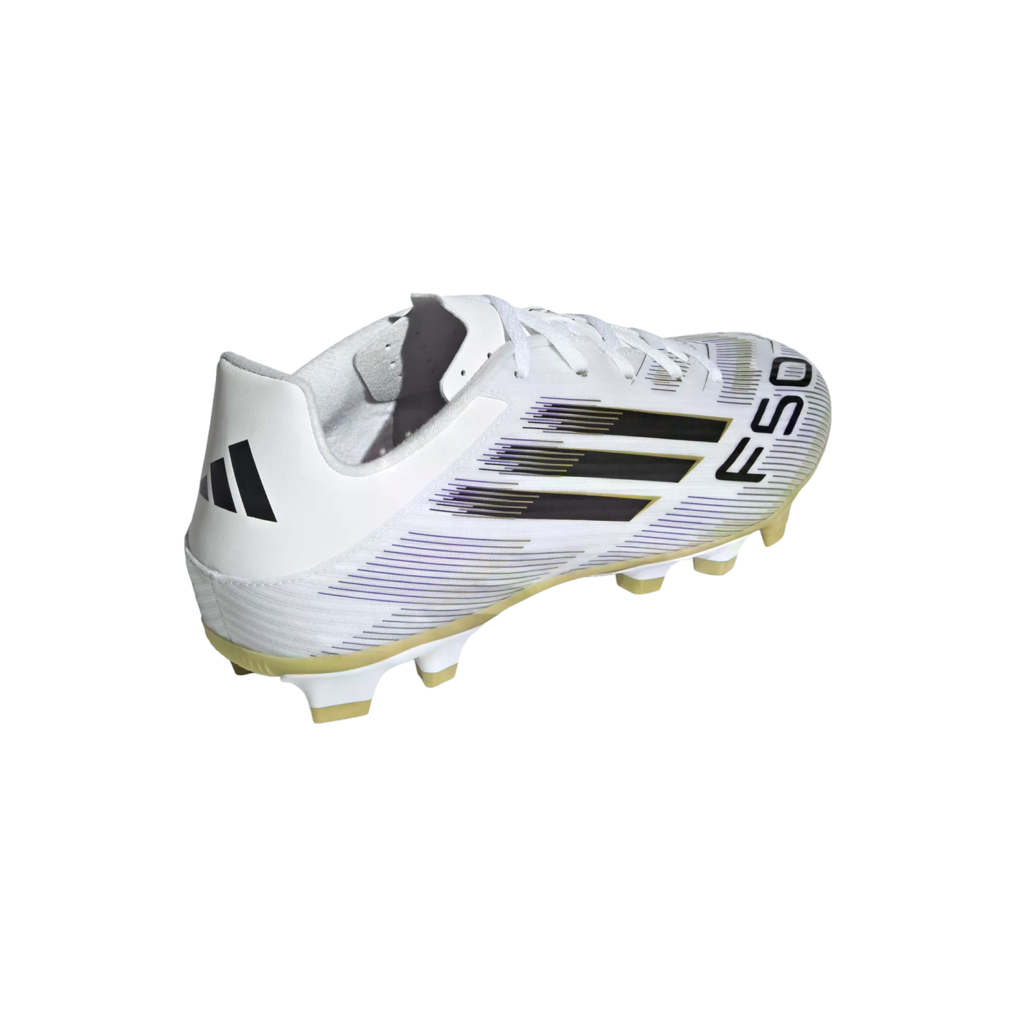 White Adidas F50 soccer cleat with black stripes and gold accents, shown from a rear-side angle.