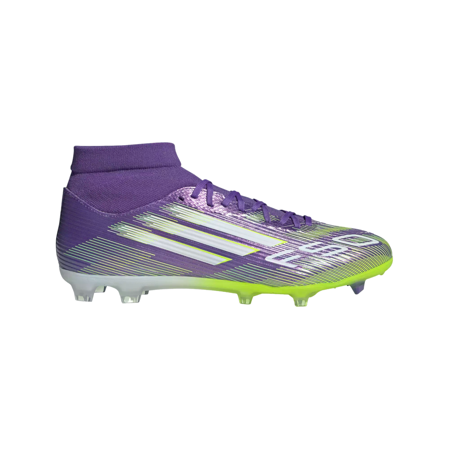 A purple and lime green Adidas F50 soccer cleat featuring white diagonal stripes and a high-top ankle collar.