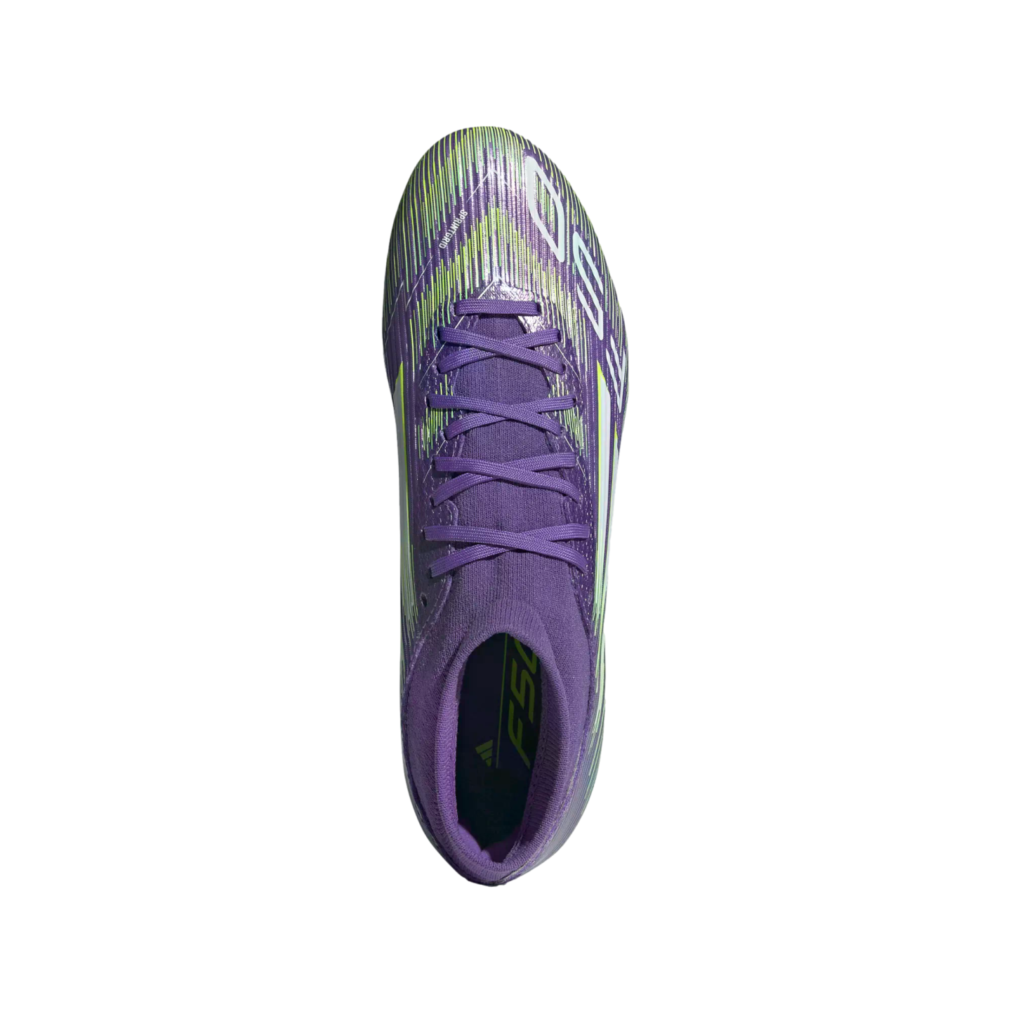Top-down view of a purple and neon green Adidas soccer cleat featuring a patterned upper and integrated sock collar, centered on a black background.