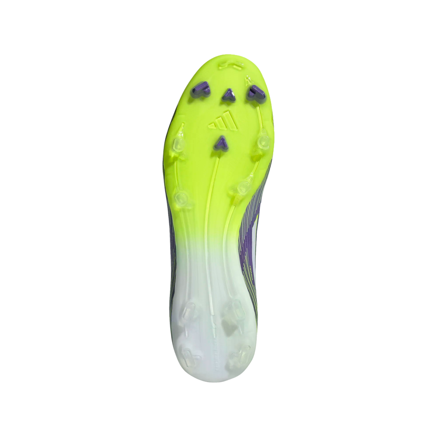 Bottom view of a lime green and white Adidas soccer cleat soleplate with purple and translucent studs.