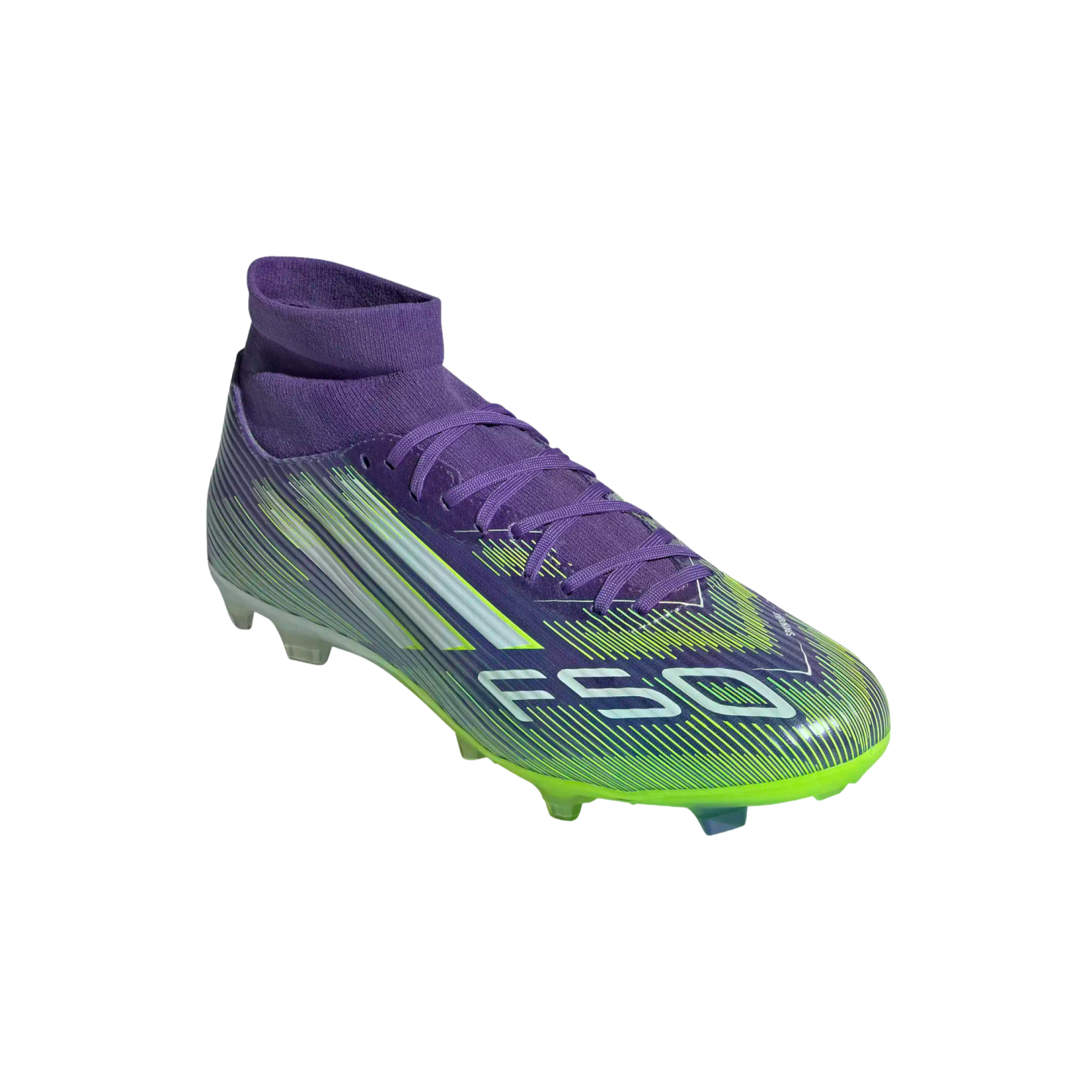 A purple and lime green adidas F50 soccer cleat with a high-top collar and speed line graphics, set against a black background.