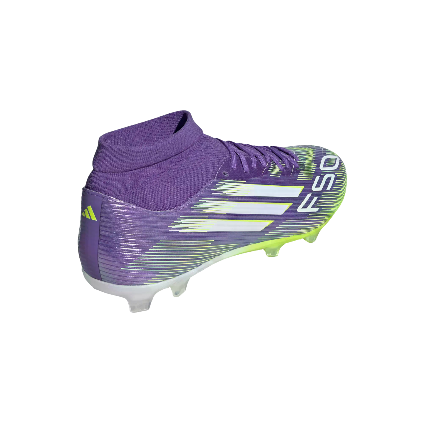 A purple Adidas F50 soccer cleat with white stripes and lime green accents against a black background. It features a sock-like collar and translucent studs.