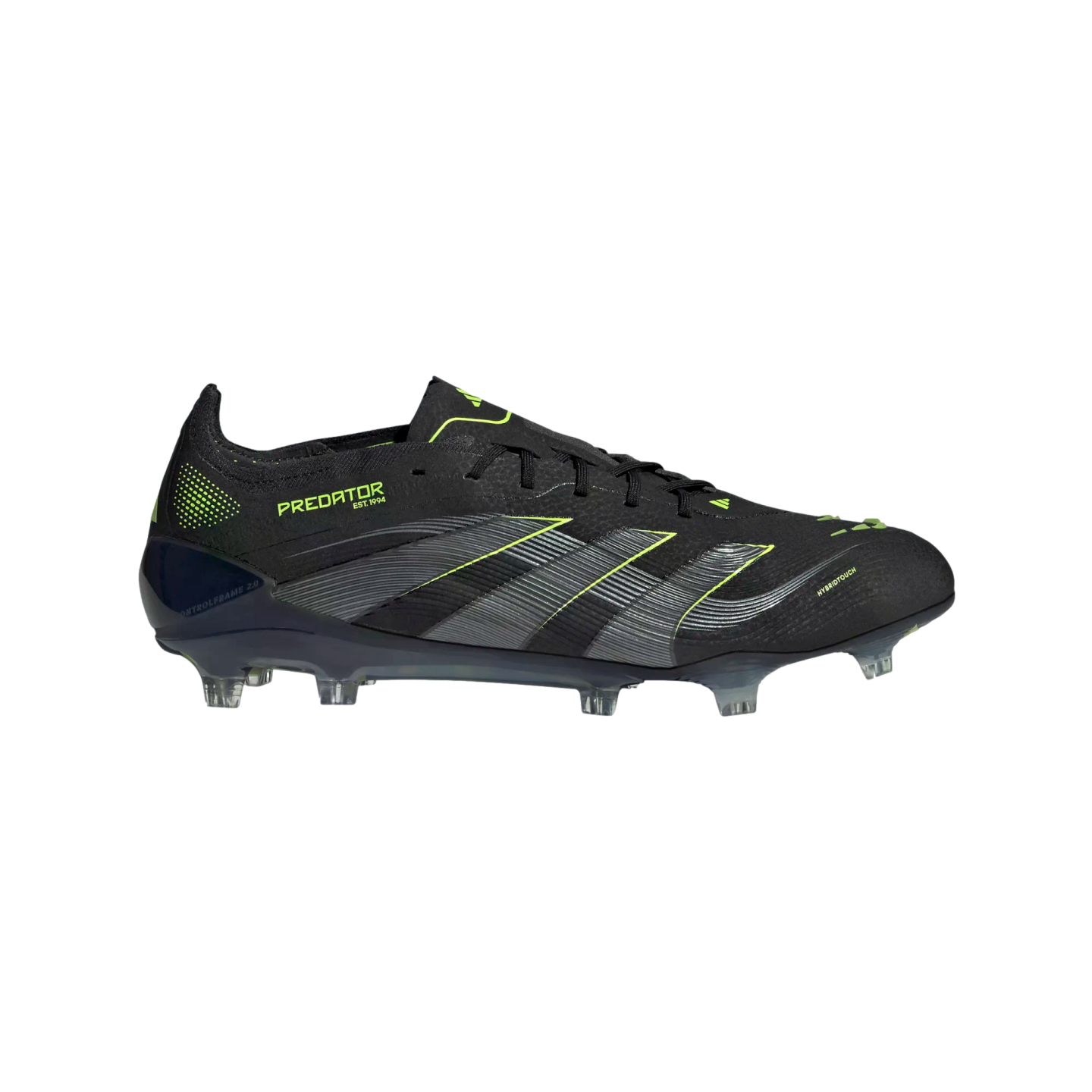 Black Adidas Predator soccer cleat with neon yellow accents and grey stripes, shown in profile against a black background.
