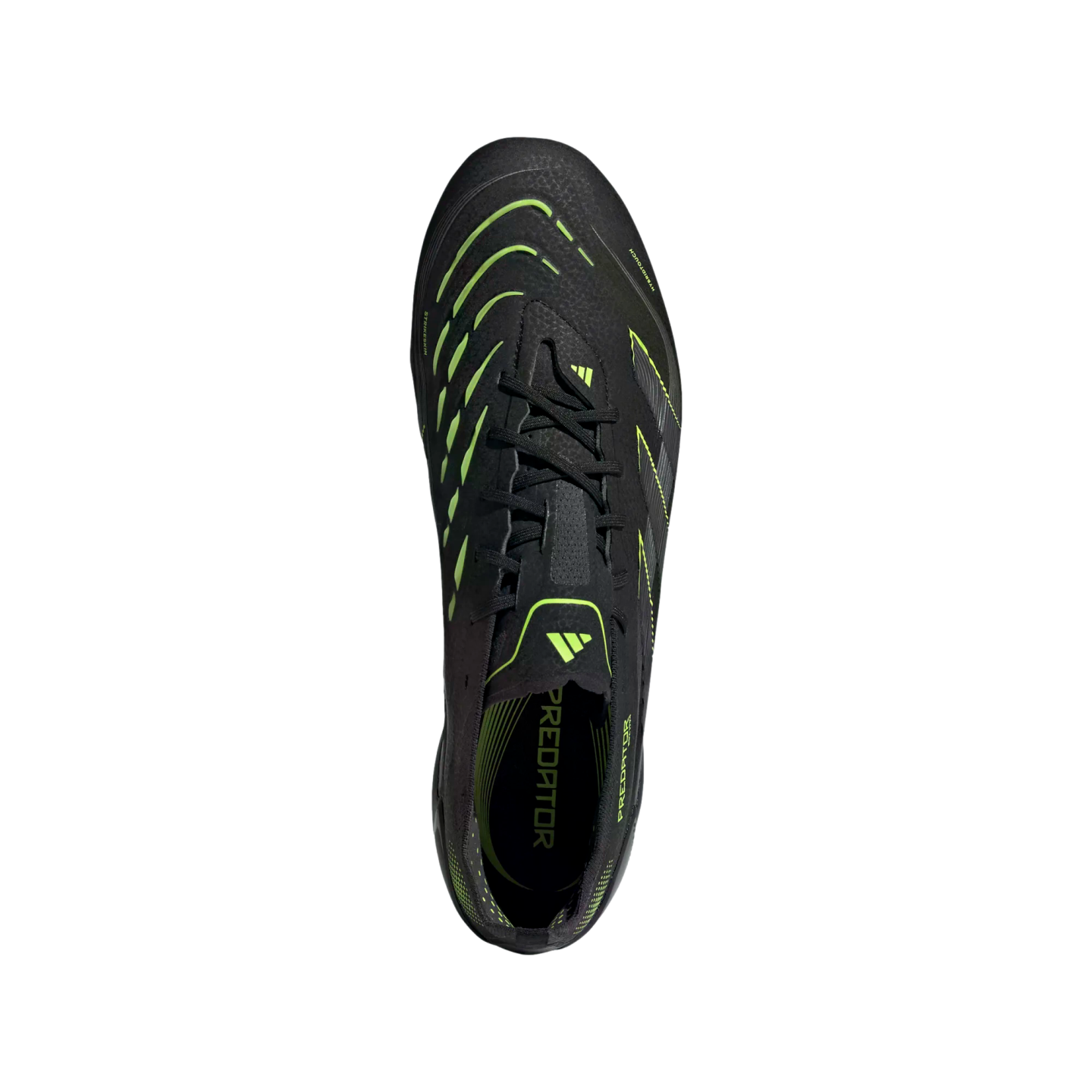 Top-down view of a black Adidas Predator soccer cleat with neon green accents and laces, displayed against a solid black background.