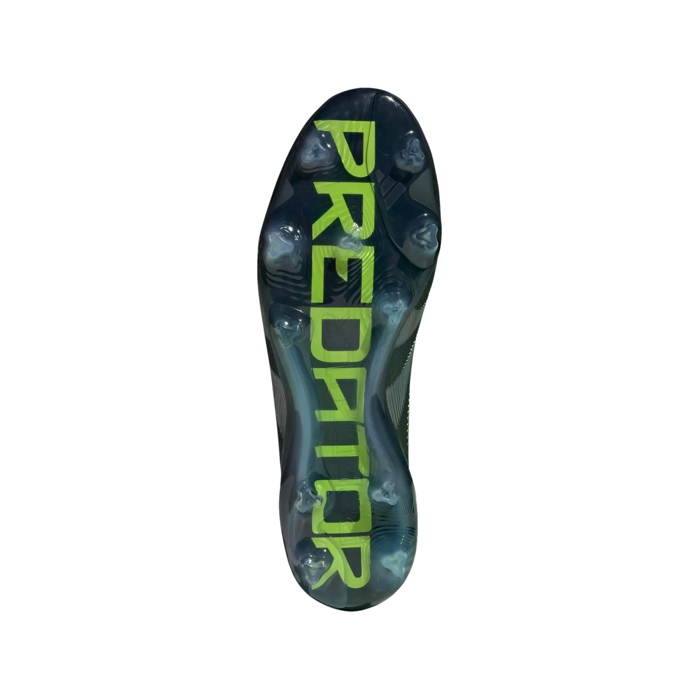 Bottom view of a dark Adidas Predator soccer cleat outsole featuring large, lime green "PREDATOR" branding and clear studs against a black background.