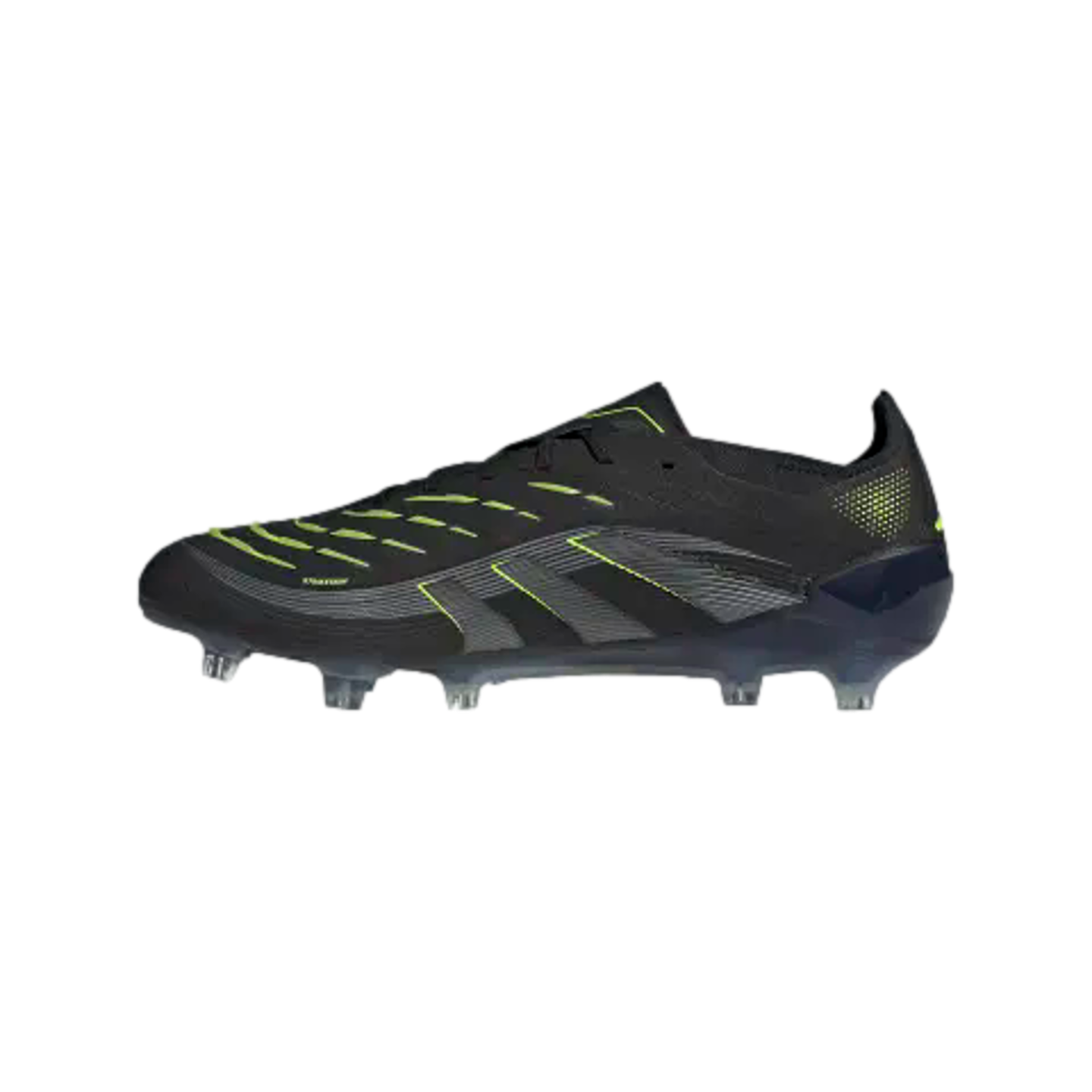 Profile view of a black soccer cleat with neon yellow accents and translucent studs against a black background.