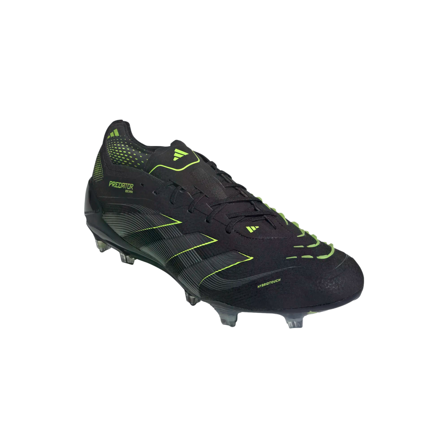 A side view of a black Adidas Predator soccer boot with neon green accents and a textured upper, set against a solid black background.