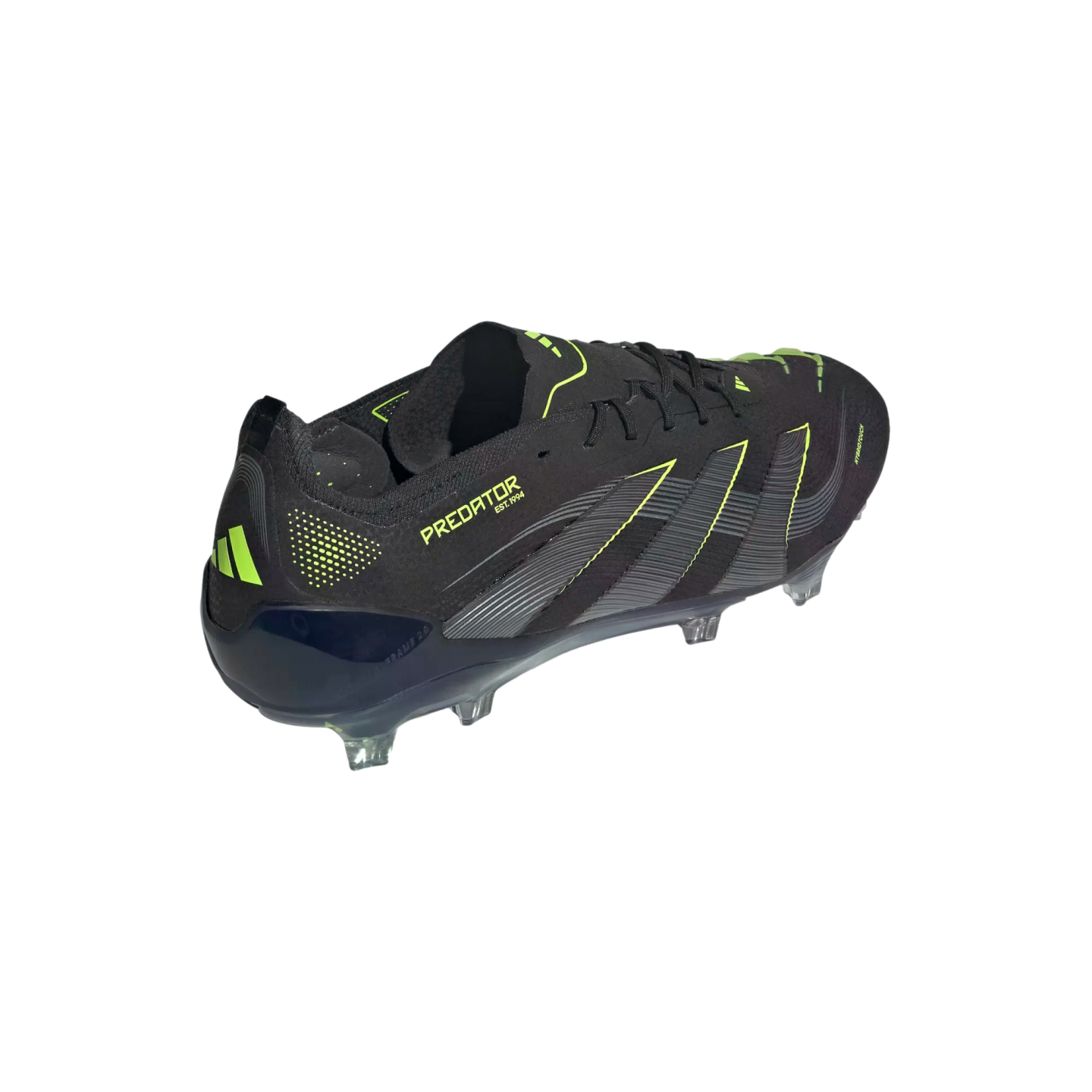 A black Adidas Predator soccer cleat with neon yellow accents, shown from a rear-side angle against a black background.