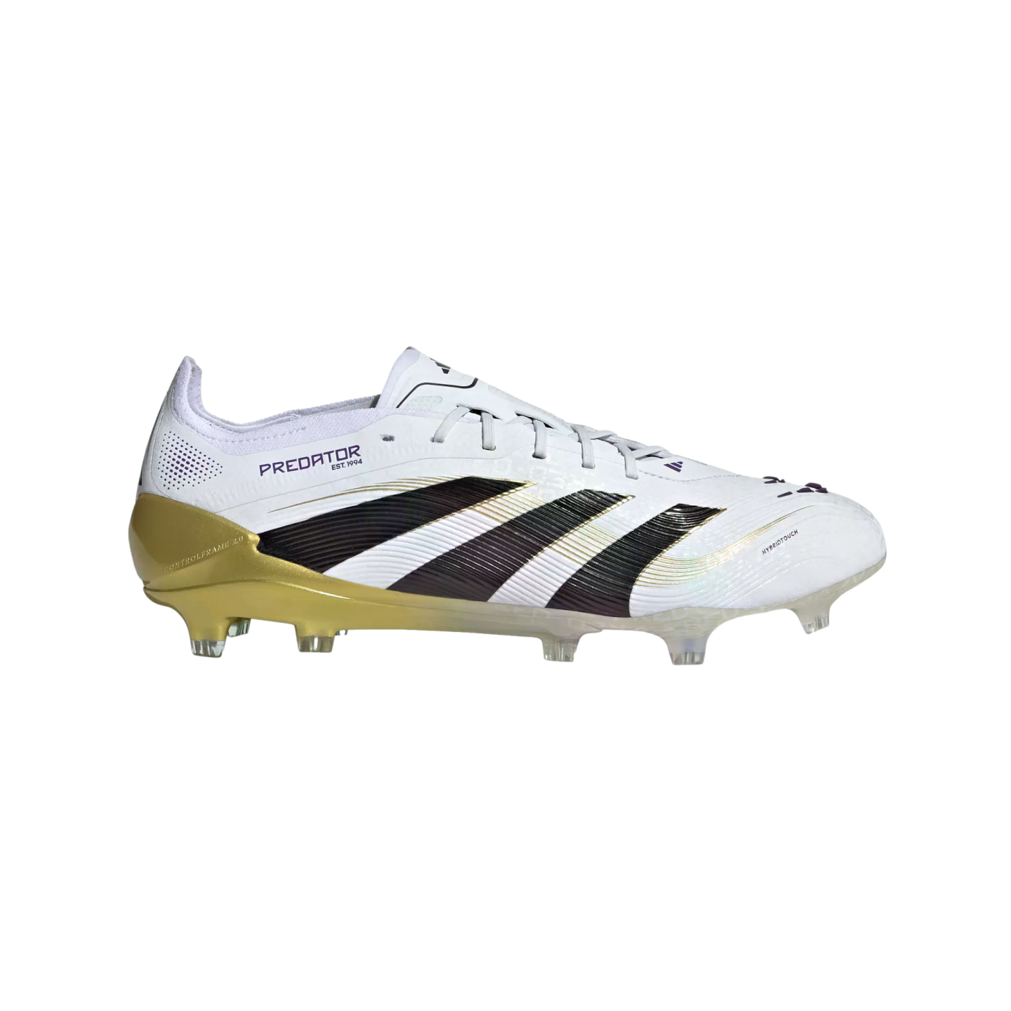 A white Adidas Predator soccer cleat featuring black diagonal stripes, a metallic gold heel counter, and clear studs on a gold-tinted soleplate.