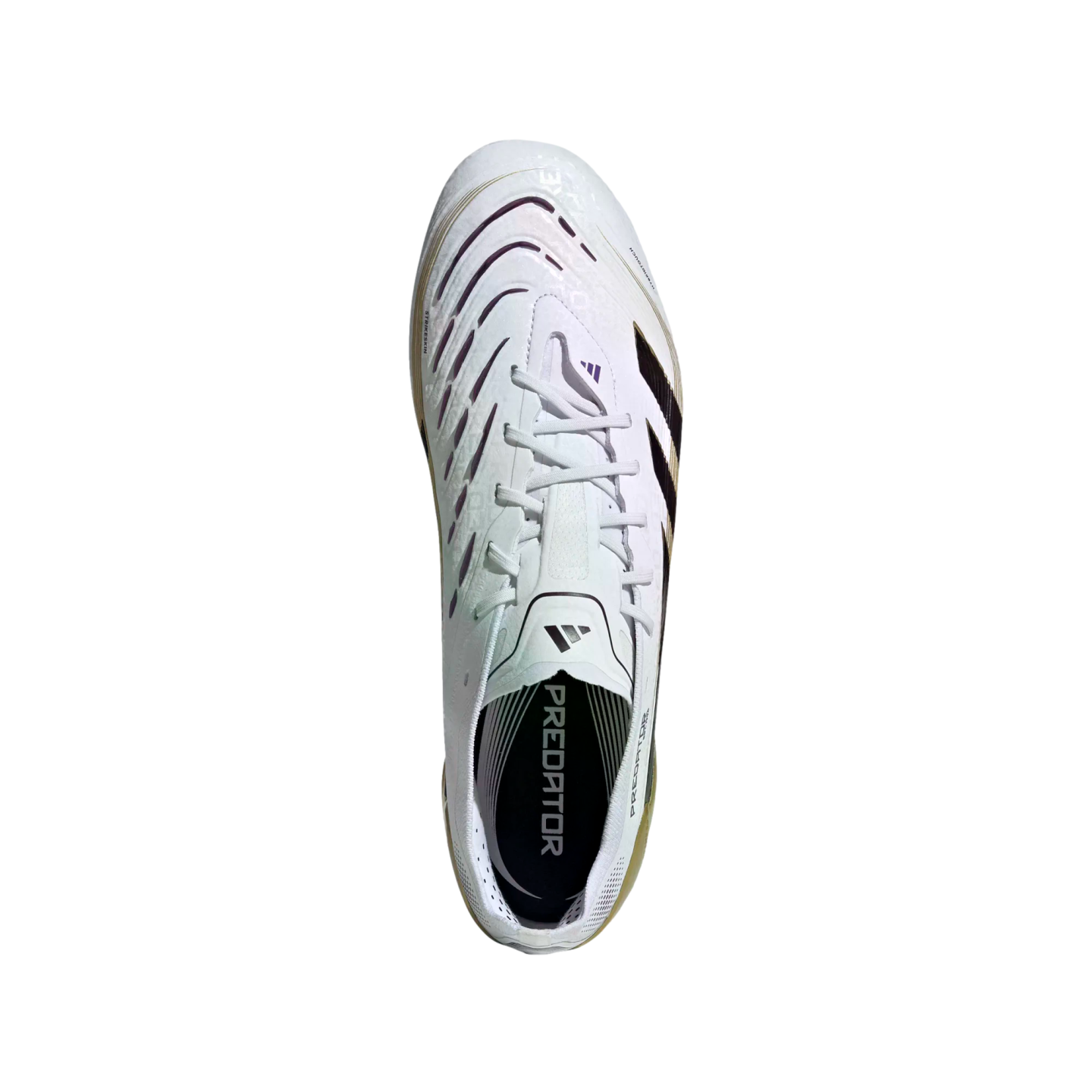 Top-down view of a white Adidas Predator soccer cleat with gold and purple accents and white laces.