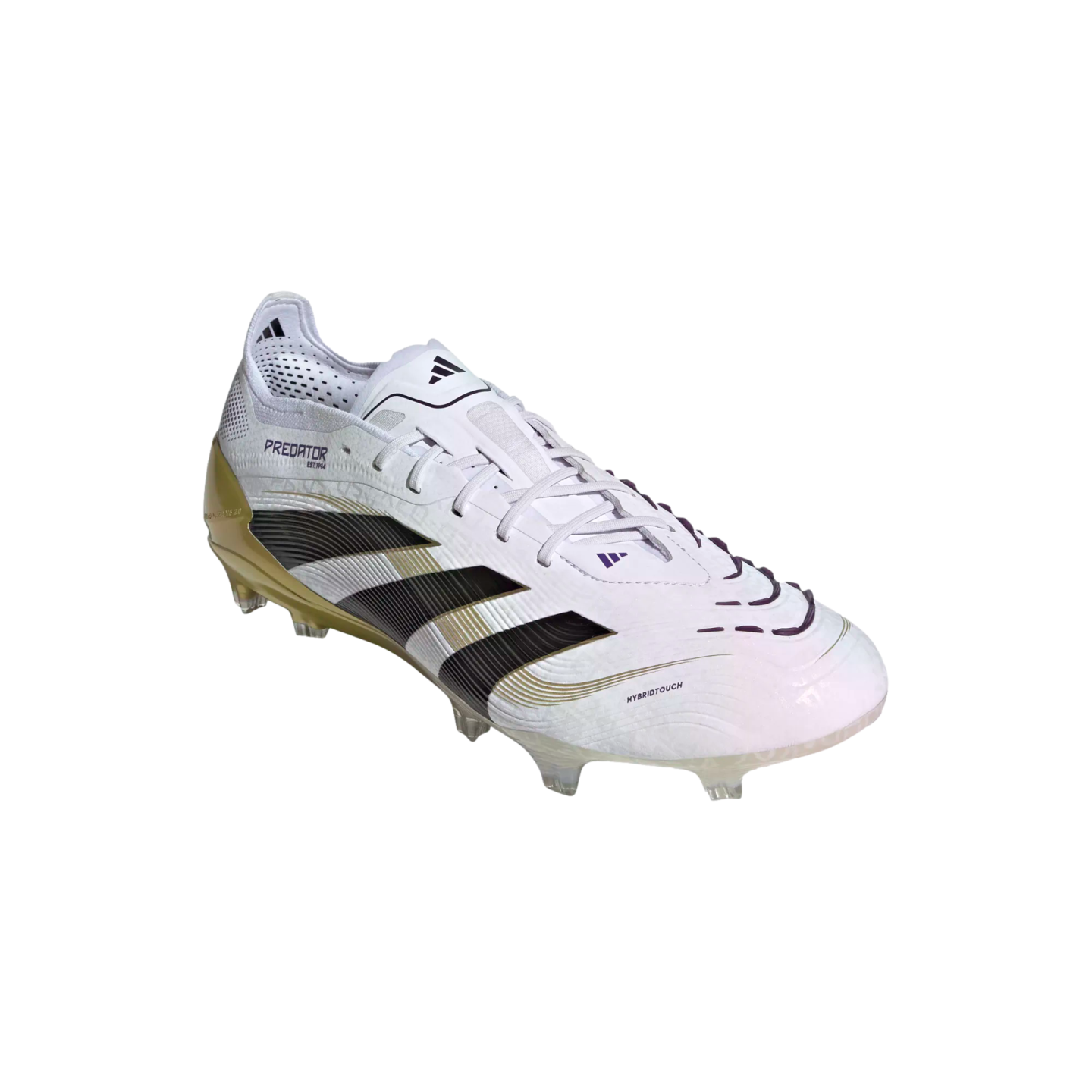 White Adidas Predator soccer cleat with gold and black accents. Features black three-stripes with gold trim and a gold heel counter on a plain white background.