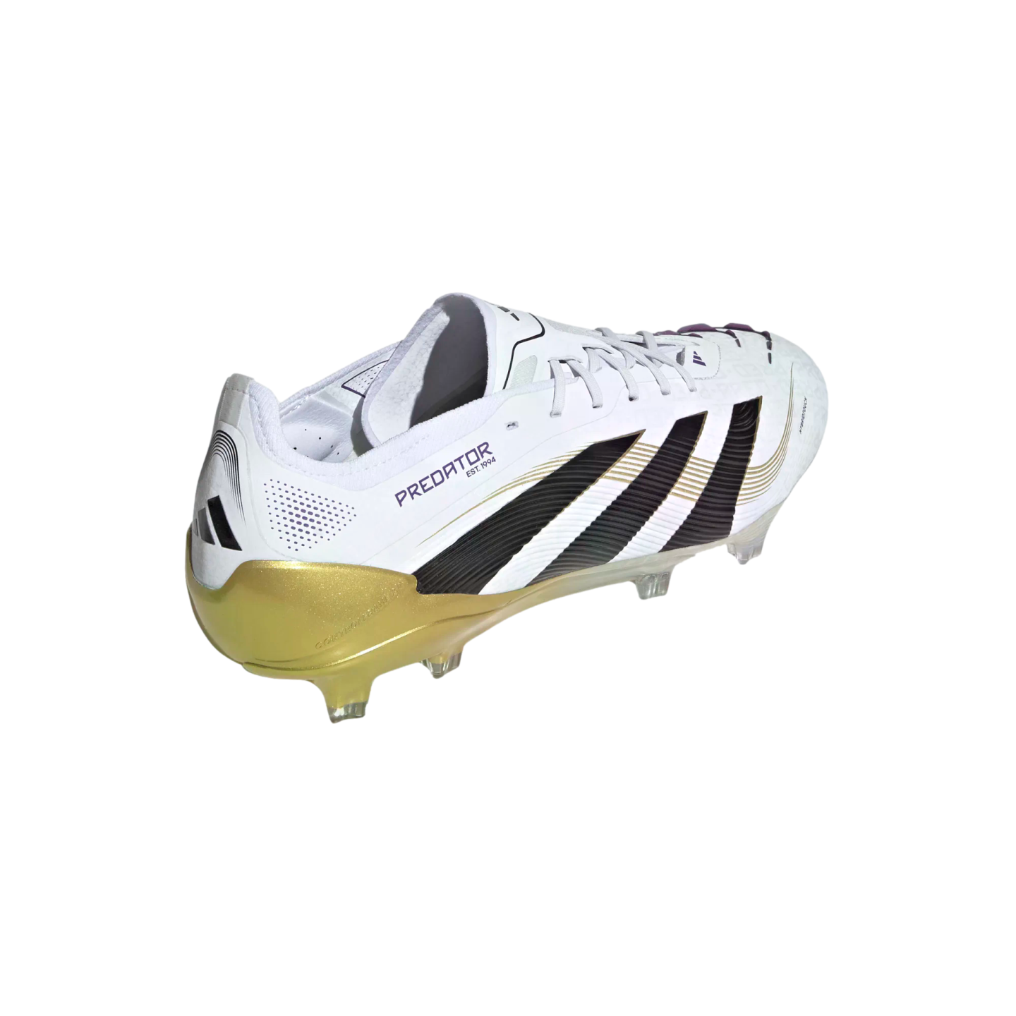 White Adidas Predator soccer cleat with black stripes, gold heel and soleplate, and purple branding.