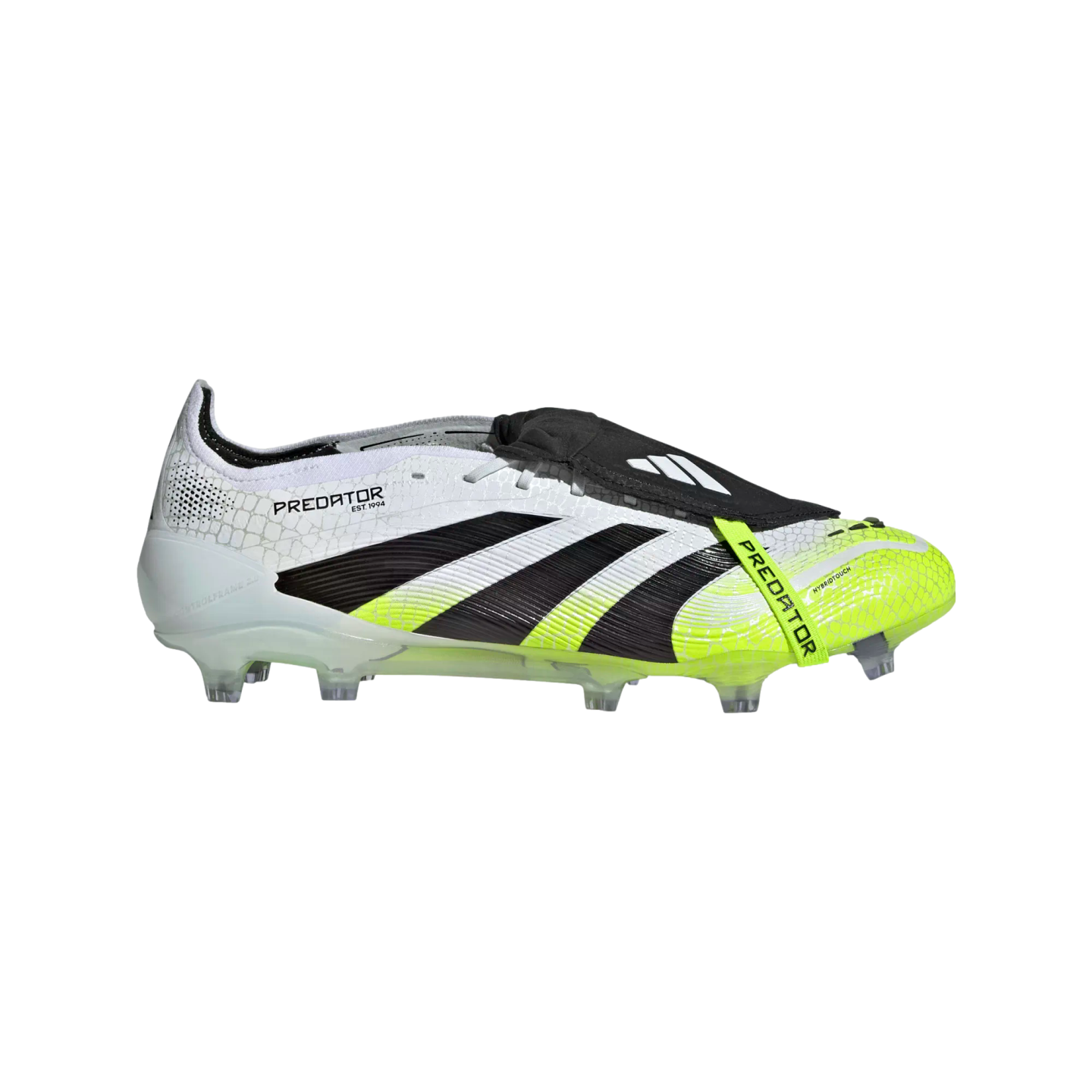 Side profile of an Adidas Predator soccer cleat with a white, black, and neon yellow design, featuring a fold-over tongue and the iconic three-stripe branding.