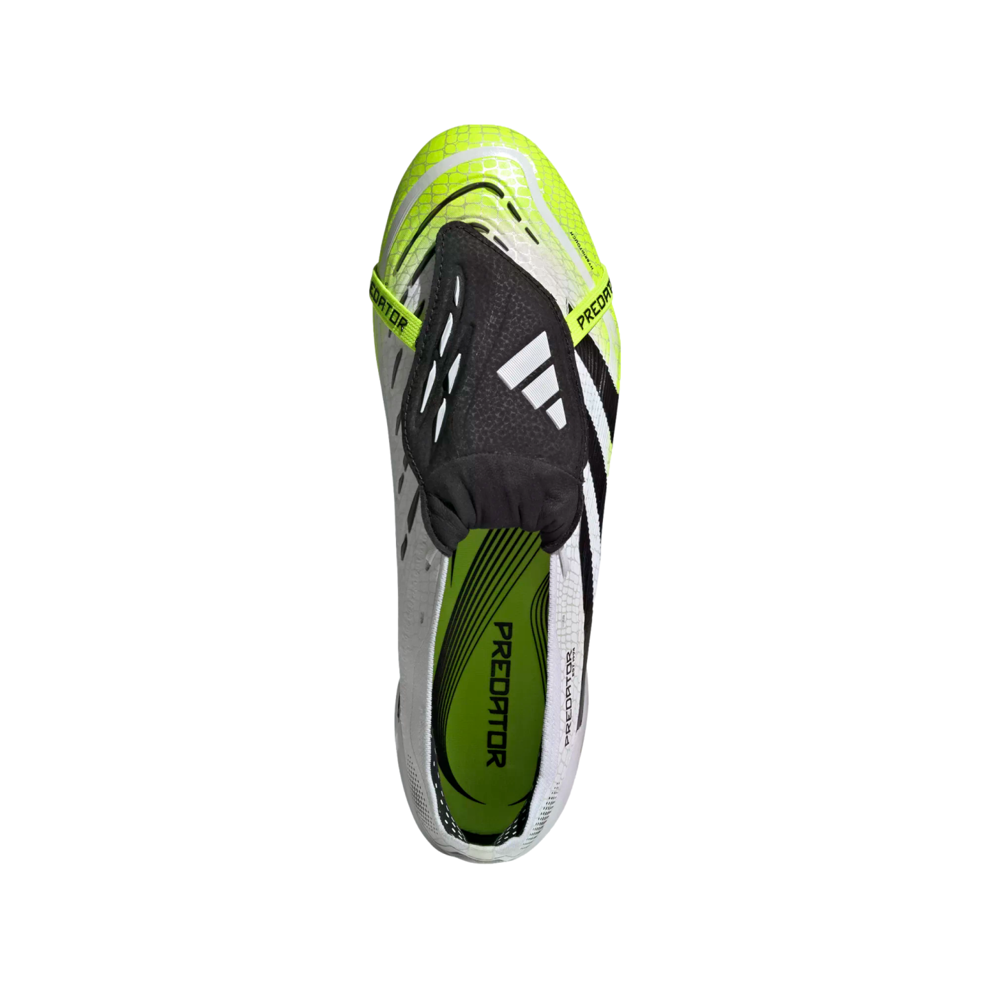 Top-down view of a white Adidas Predator soccer cleat with neon green accents and a black fold-over tongue, isolated on a black background.