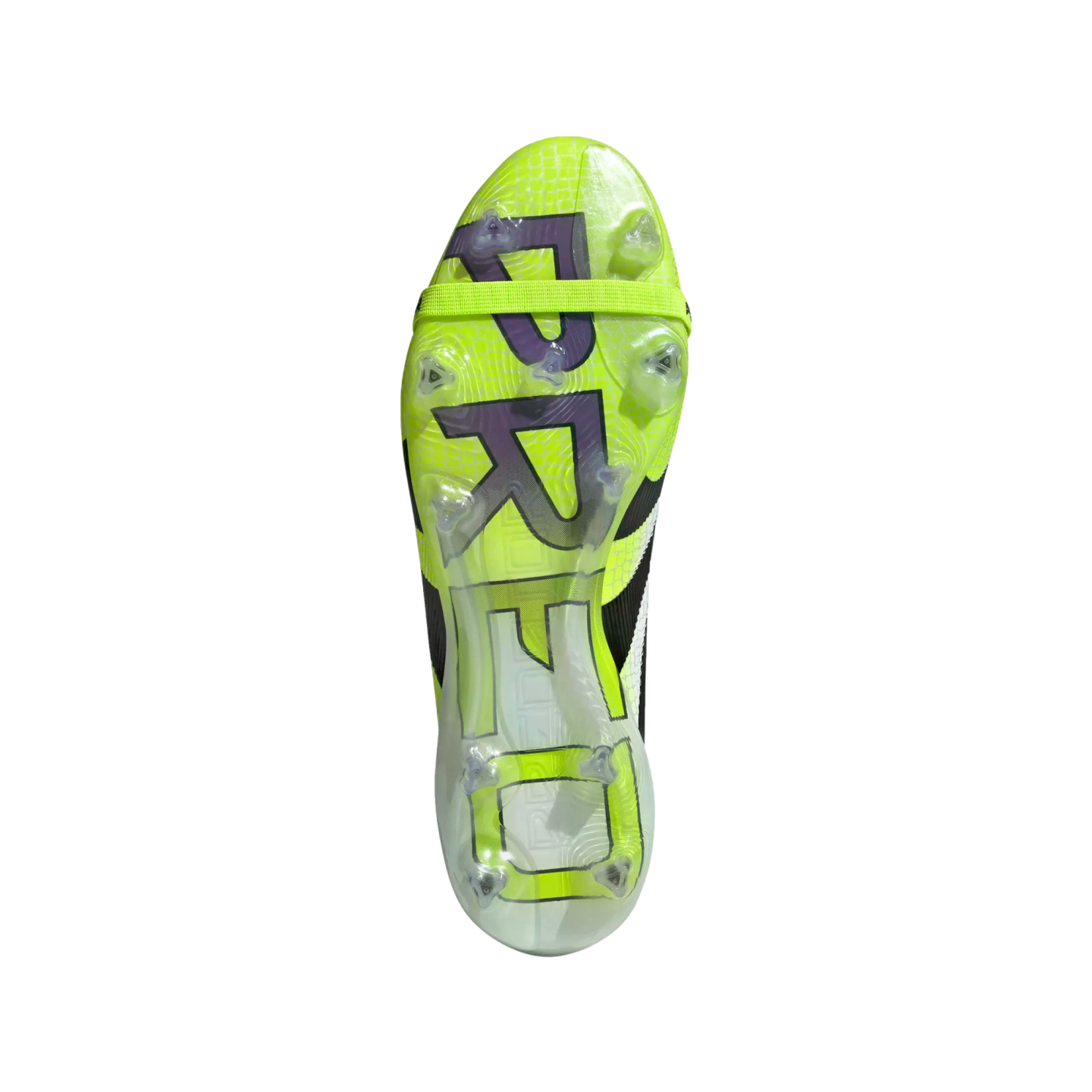 Bottom view of a neon green soccer cleat's outsole featuring large purple "PRED" lettering and clear studs, shown against a black background.