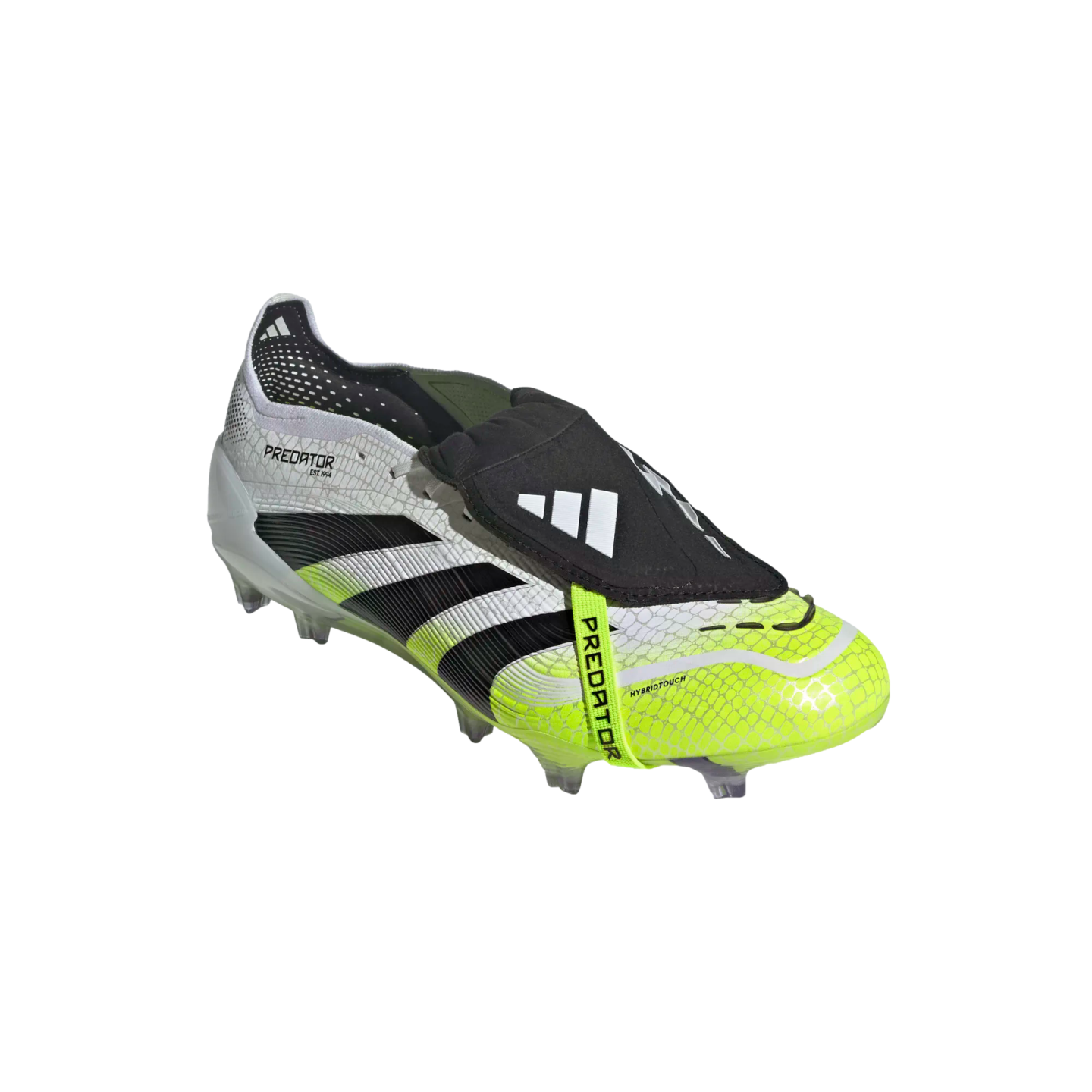 White, black, and neon yellow Adidas Predator soccer boot with a fold-over tongue and strap, set against a black background.