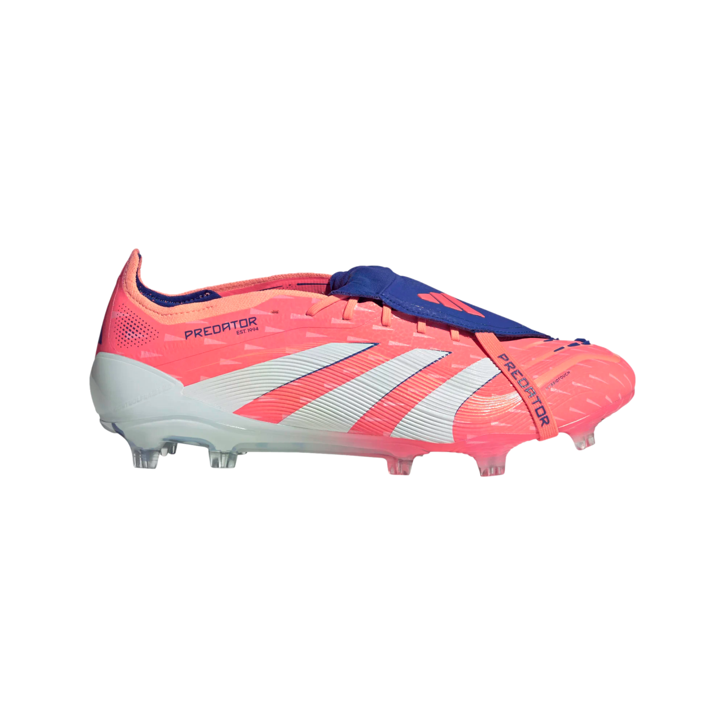 Side profile of a pink and white Adidas Predator soccer cleat featuring a blue fold-over tongue and elastic strap.