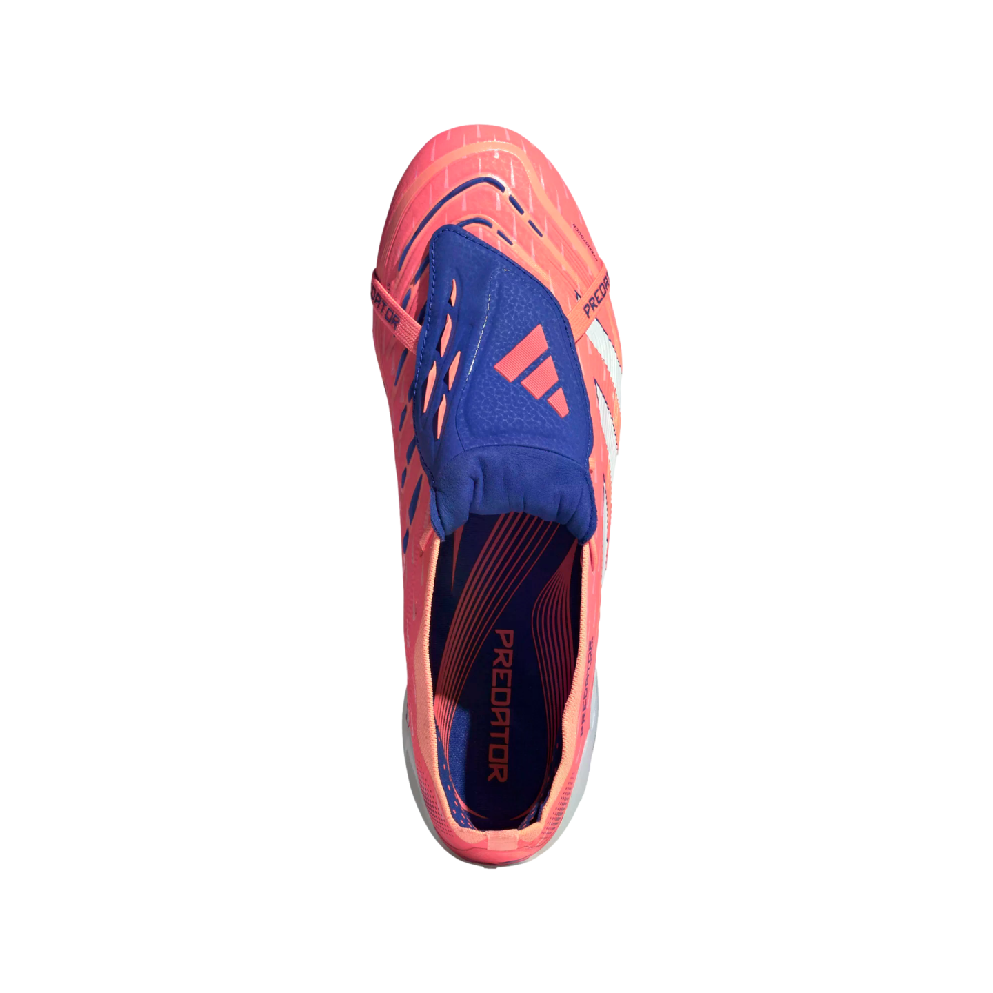 Top-down view of a vibrant pink and royal blue Adidas Predator soccer cleat on a black background, featuring a fold-over tongue and white side stripes.