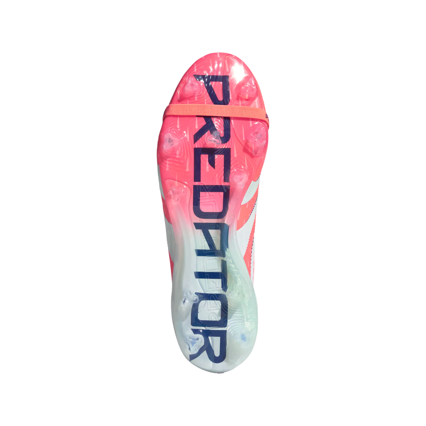 Soleplate of a pink and white Adidas Predator soccer cleat with large blue text, set against a black background.