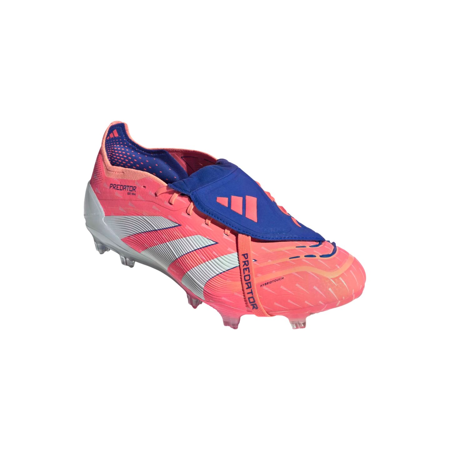 Bright pink and blue Adidas Predator soccer cleat featuring a fold-over tongue, white diagonal stripes, and translucent studs, isolated on a black background.