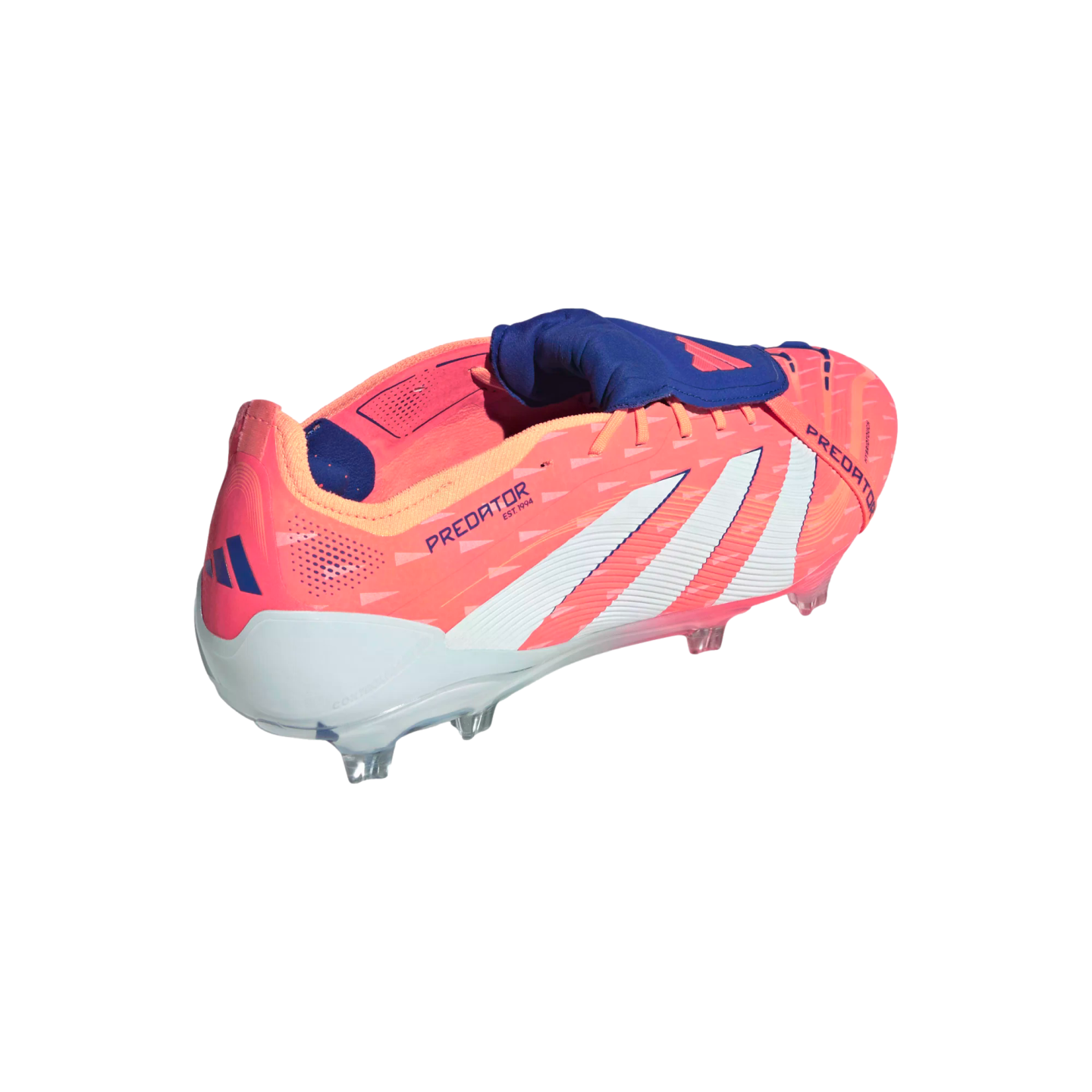 Side-rear view of a vibrant orange and blue Adidas Predator soccer cleat with a fold-over tongue and white stripes, set against a black background.