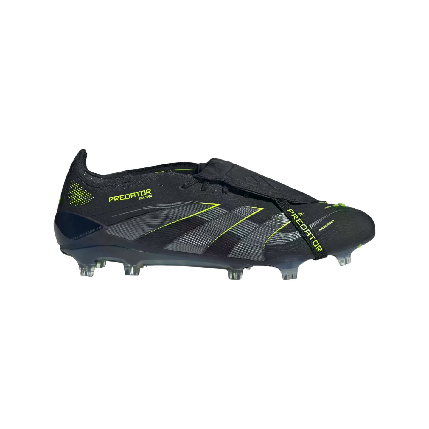 Side profile of a black Adidas Predator soccer boot with lime green accents and a fold-over tongue secured by an elastic strap.