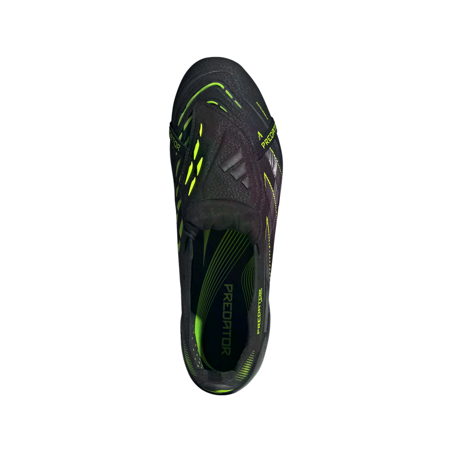 Top-down view of a black Adidas Predator soccer cleat with neon green accents and branding on a solid black background.