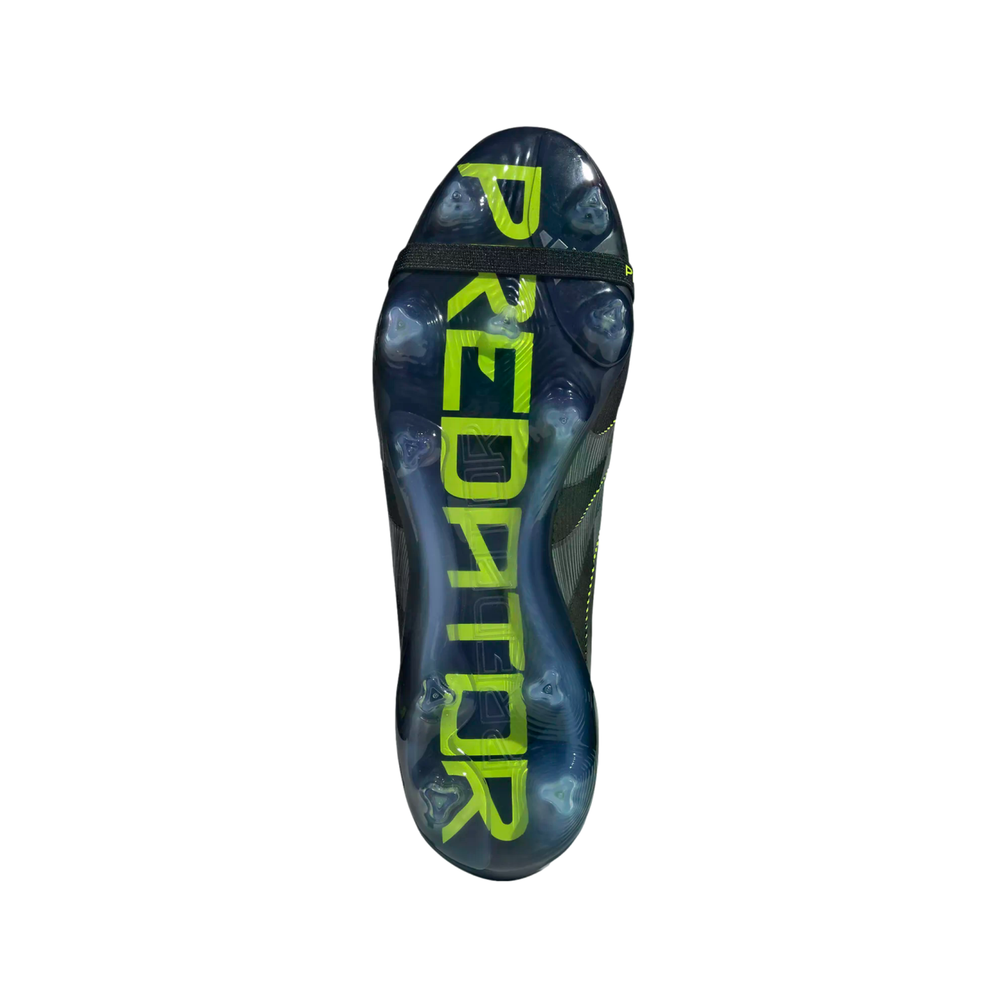 The sole of a dark blue soccer cleat with neon yellow "PREDATOR" text, clear studs, and a black elastic strap across the forefoot.